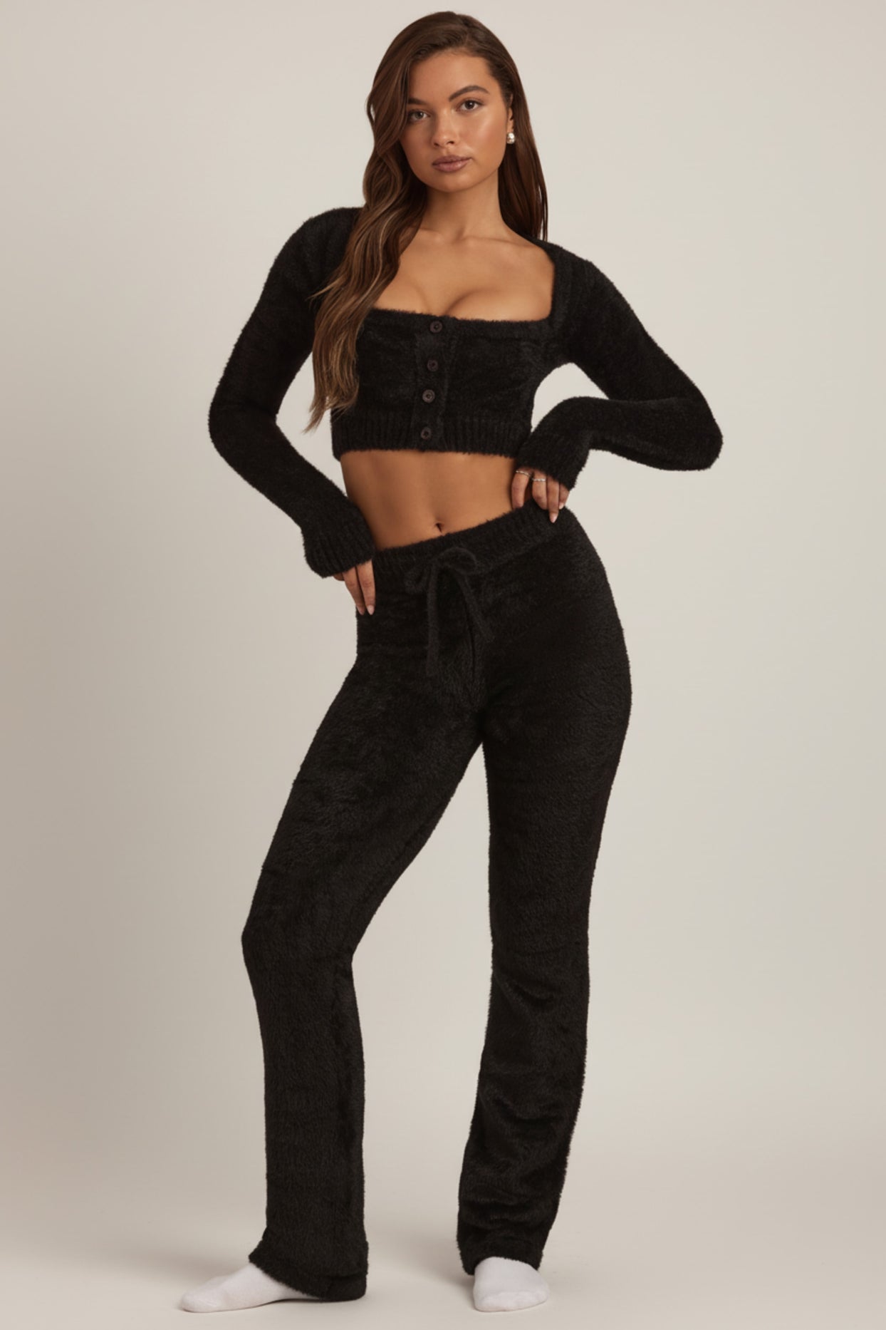 Fluffy Knit Wide-Leg Trousers in Black - 4