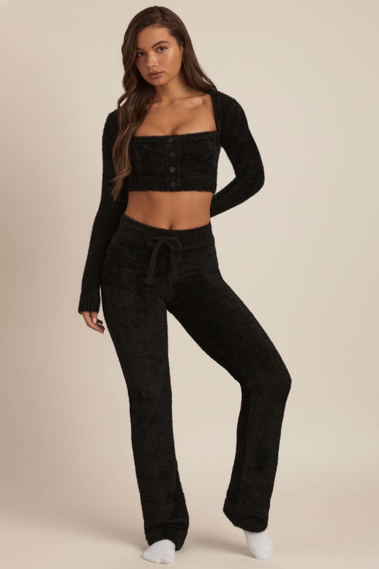 Fluffy Knit Wide-Leg Trousers in Black - 1