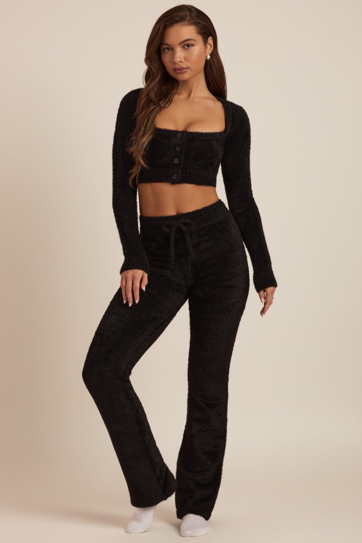 Fluffy Knit Wide-Leg Trousers in Black - 5