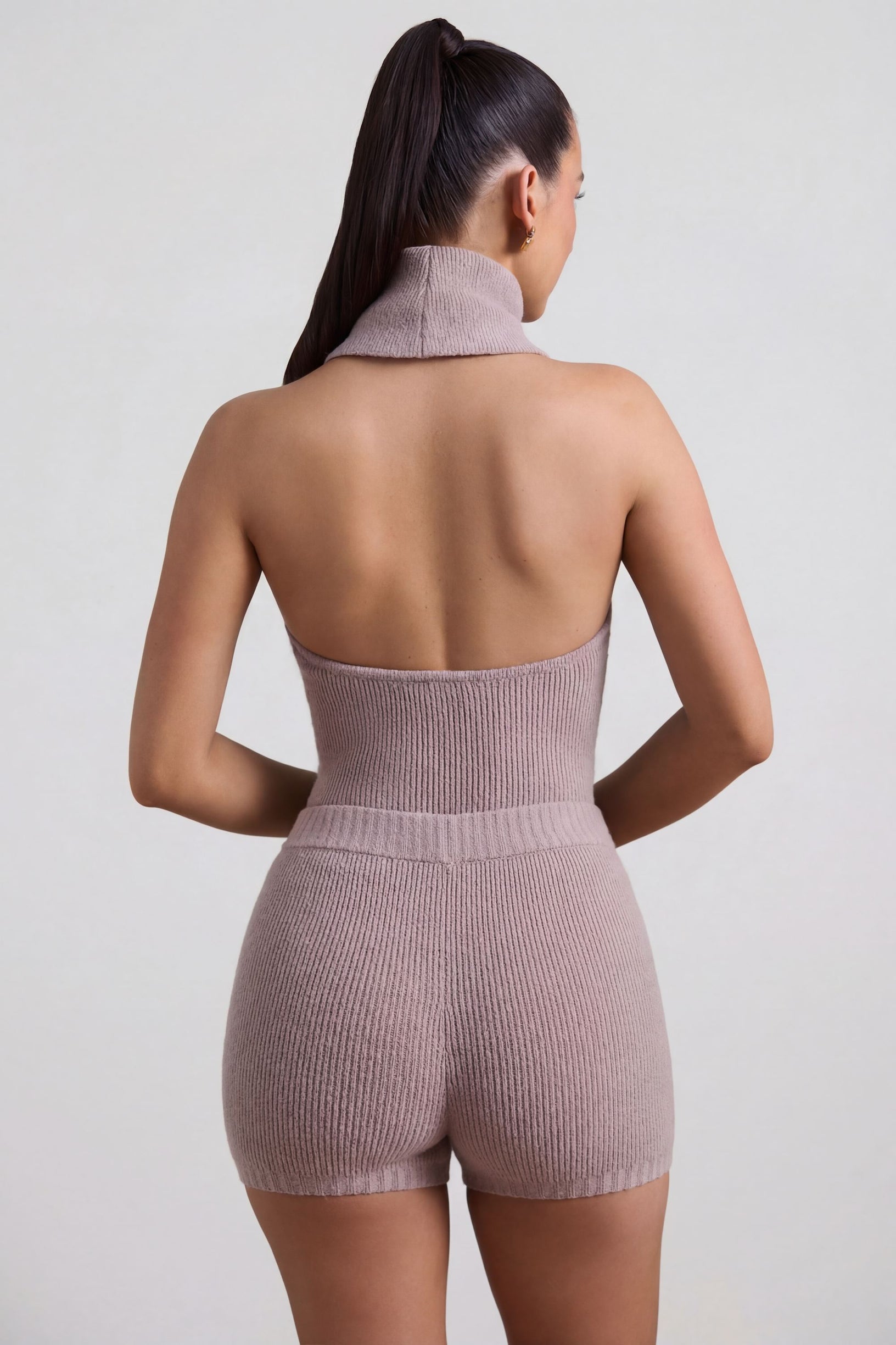 Ribbed-Knit Turtleneck Backless Top in Taupe - 2