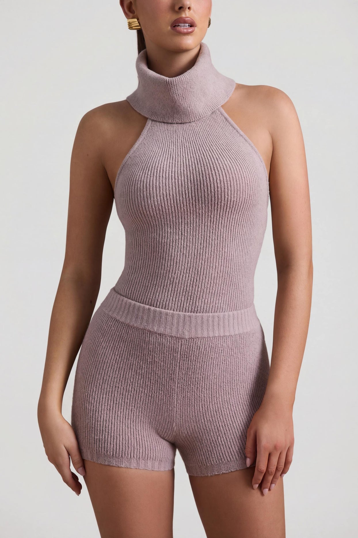 Ribbed-Knit Turtleneck Backless Top in Taupe - 4