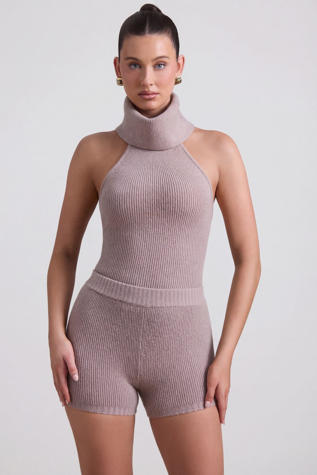 Ribbed-Knit Turtleneck Backless Top in Taupe - 1