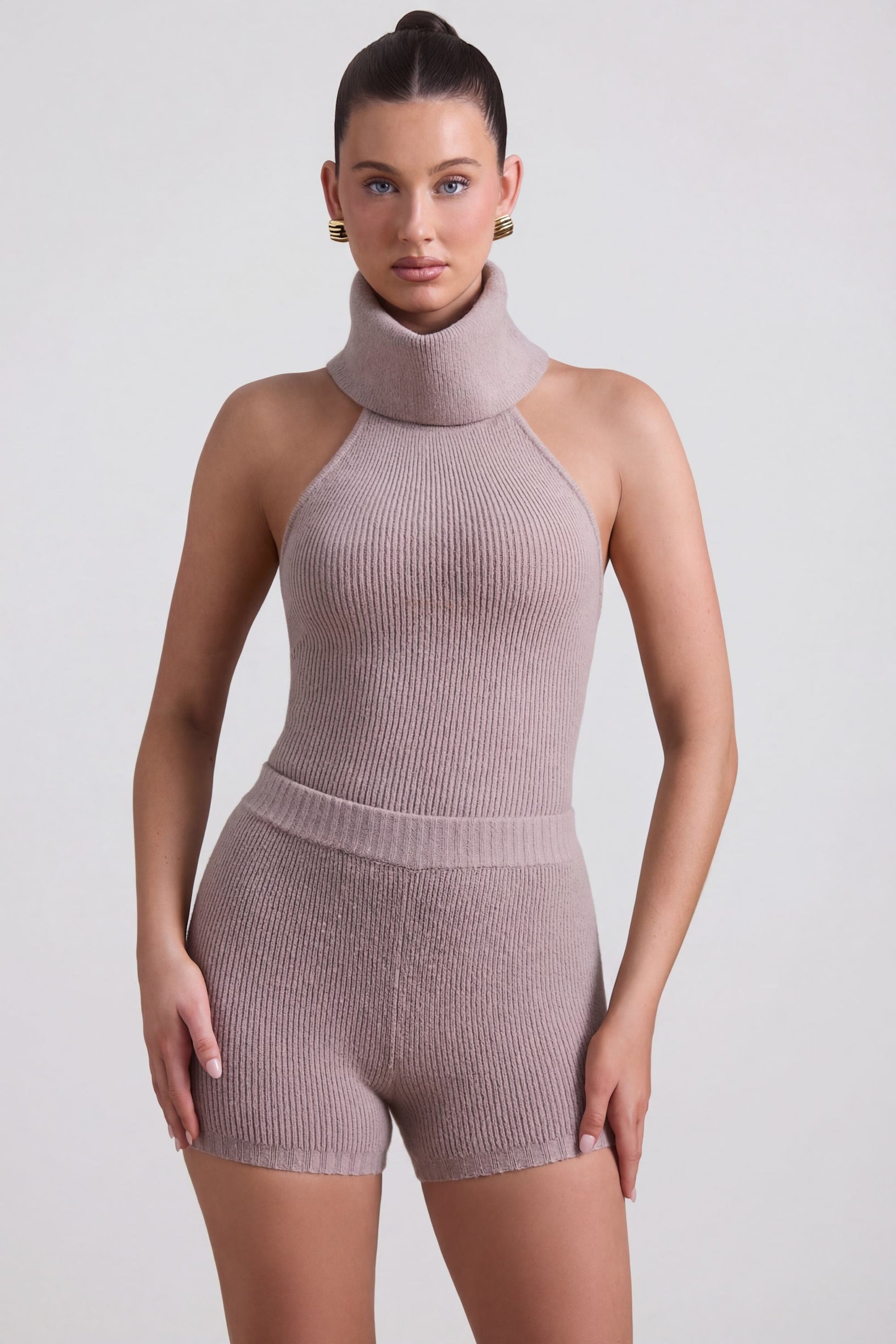 Ribbed-Knit Turtleneck Backless Top in Taupe - 1