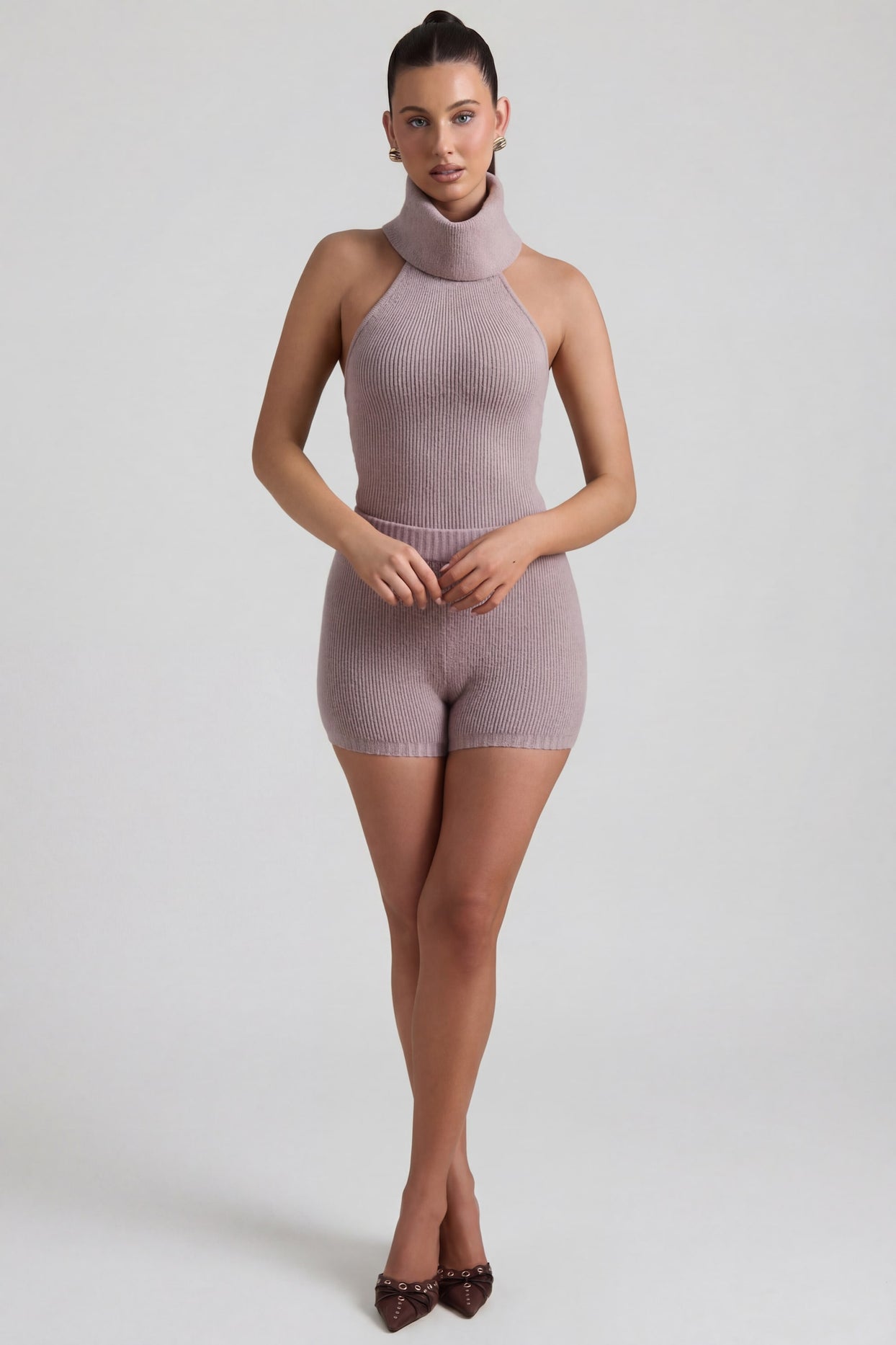 Ribbed-Knit Turtleneck Backless Top in Taupe - 5