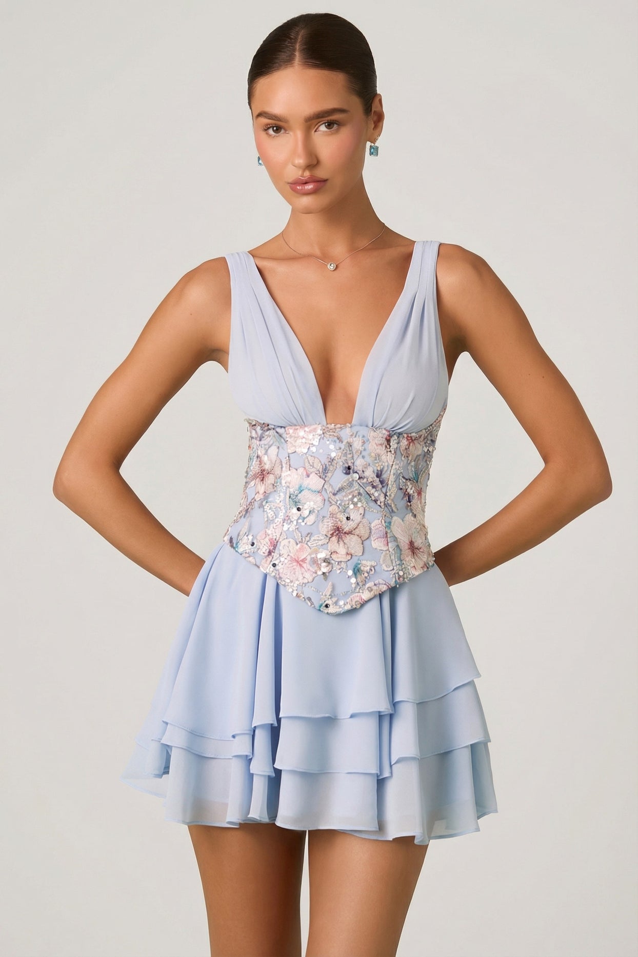 Embellished Ruffled Corset Mini Dress in Floral Blue - 8