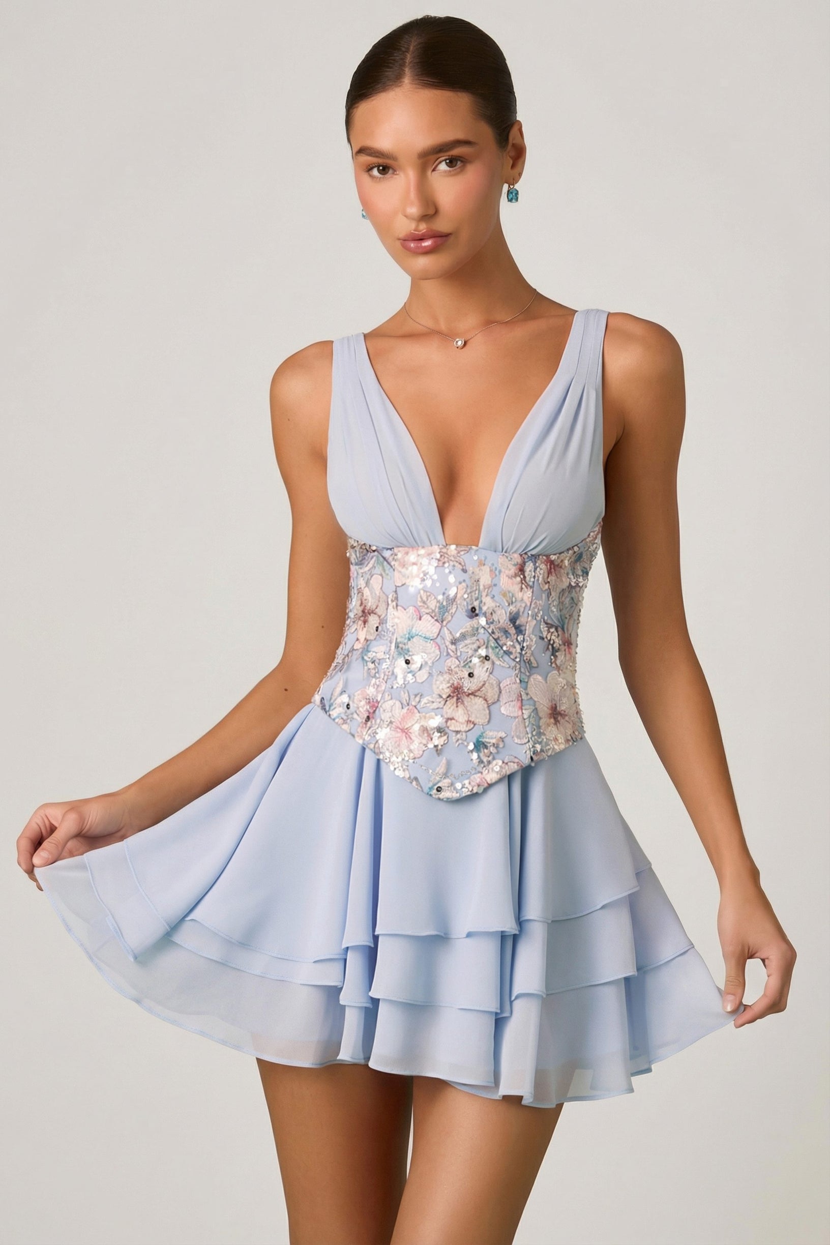 Embellished Ruffled Corset Mini Dress in Floral Blue - 1