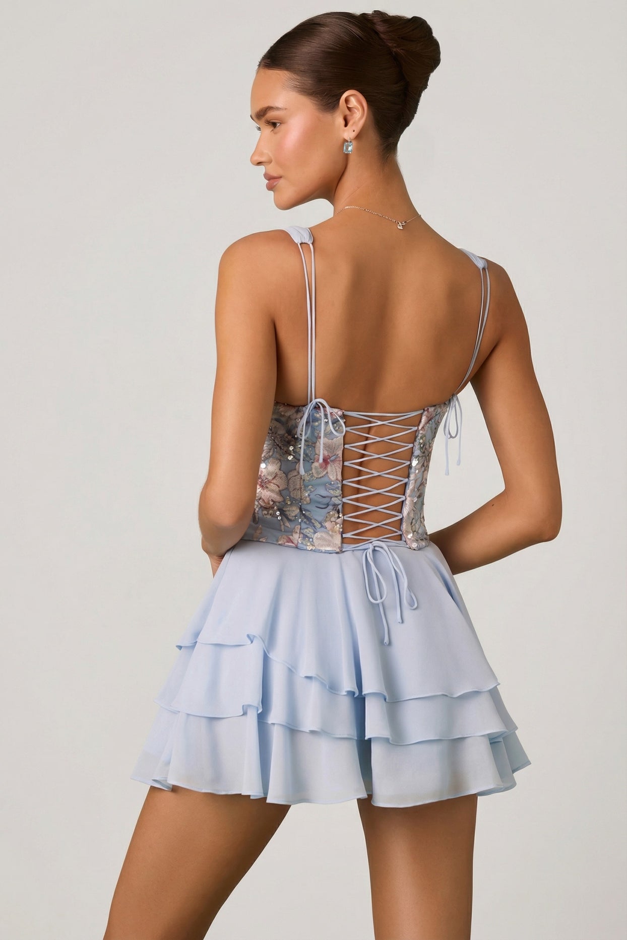 Embellished Ruffled Corset Mini Dress in Floral Blue - 2