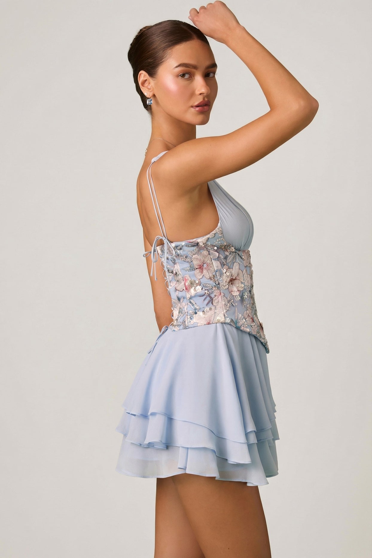 Embellished Ruffled Corset Mini Dress in Floral Blue - 5