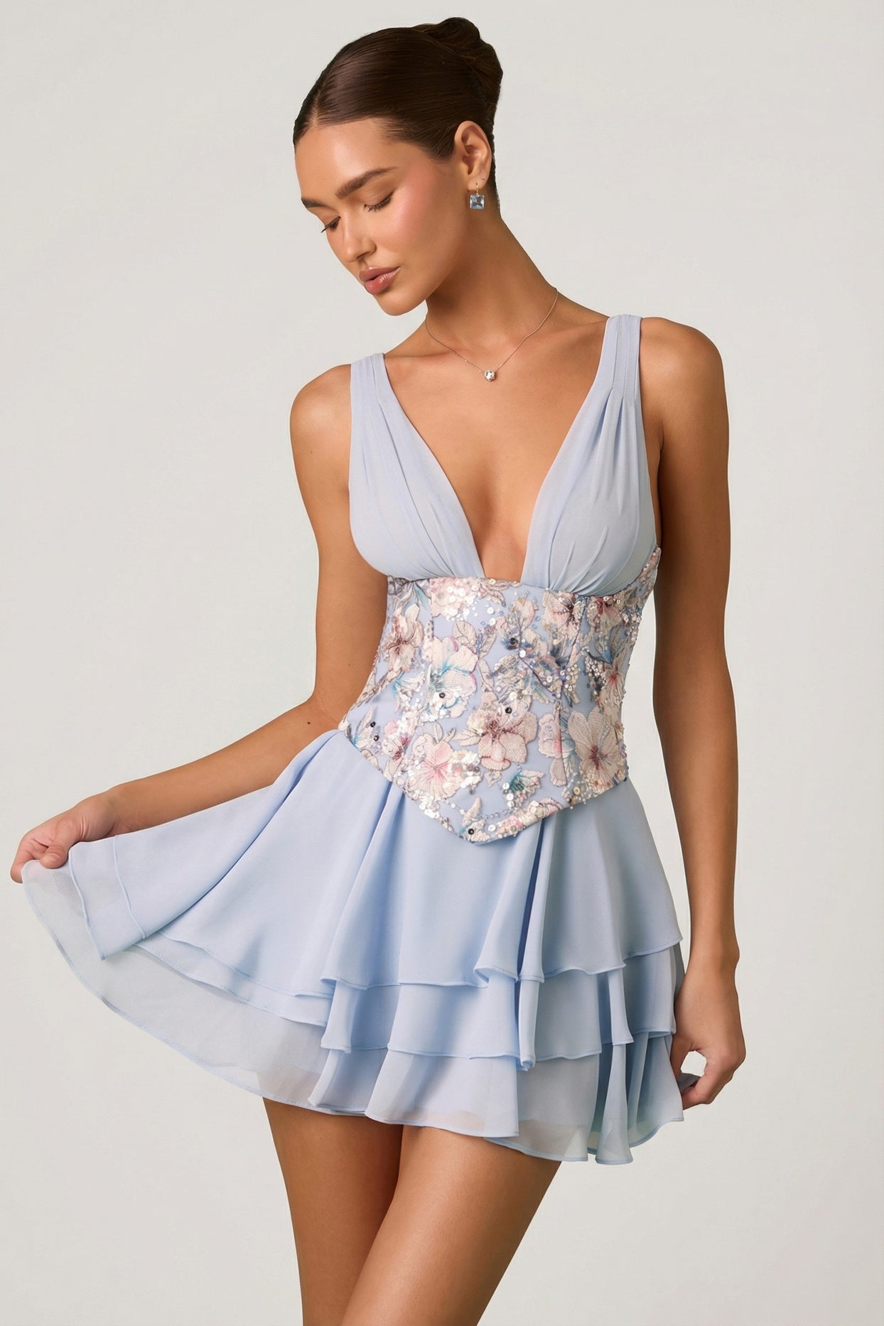 Embellished Ruffled Corset Mini Dress in Floral Blue - 6