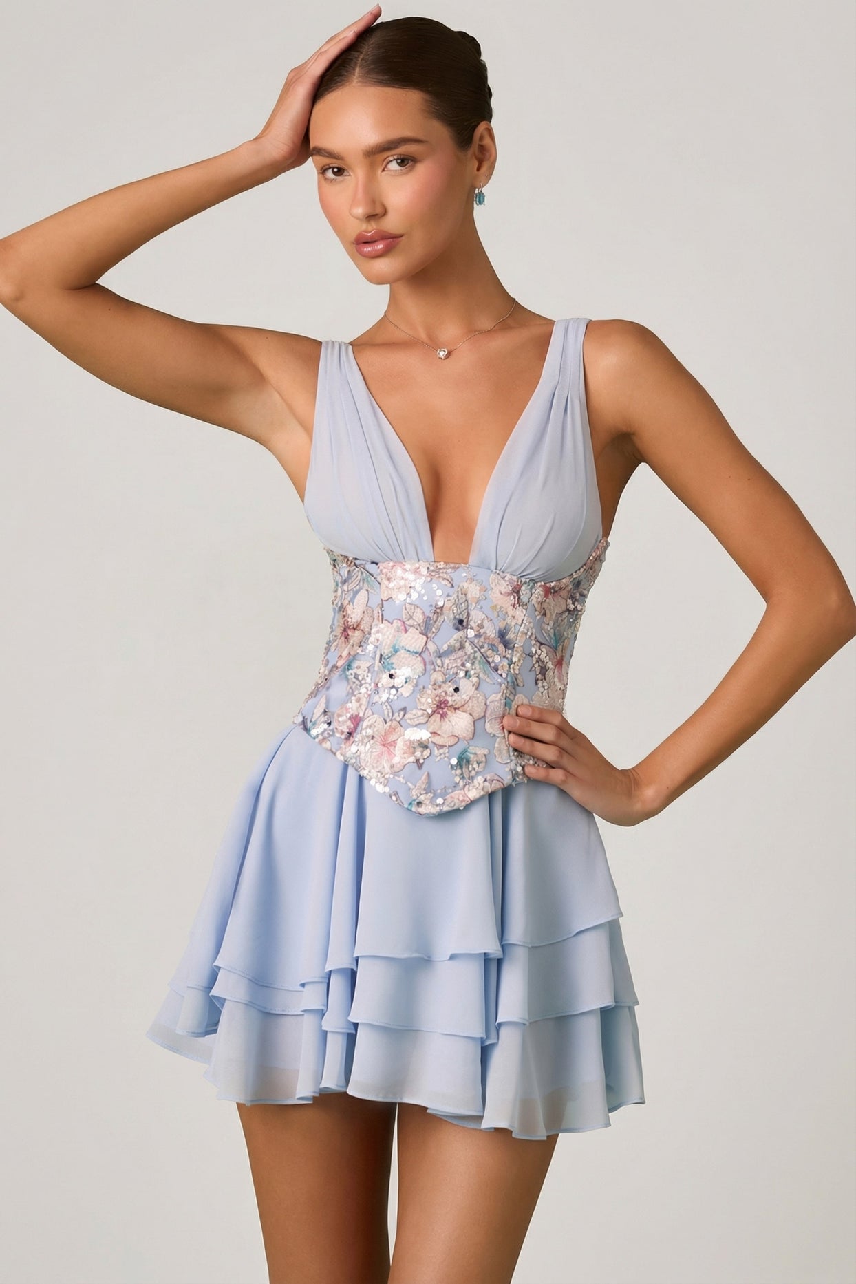 Embellished Ruffled Corset Mini Dress in Floral Blue - 7
