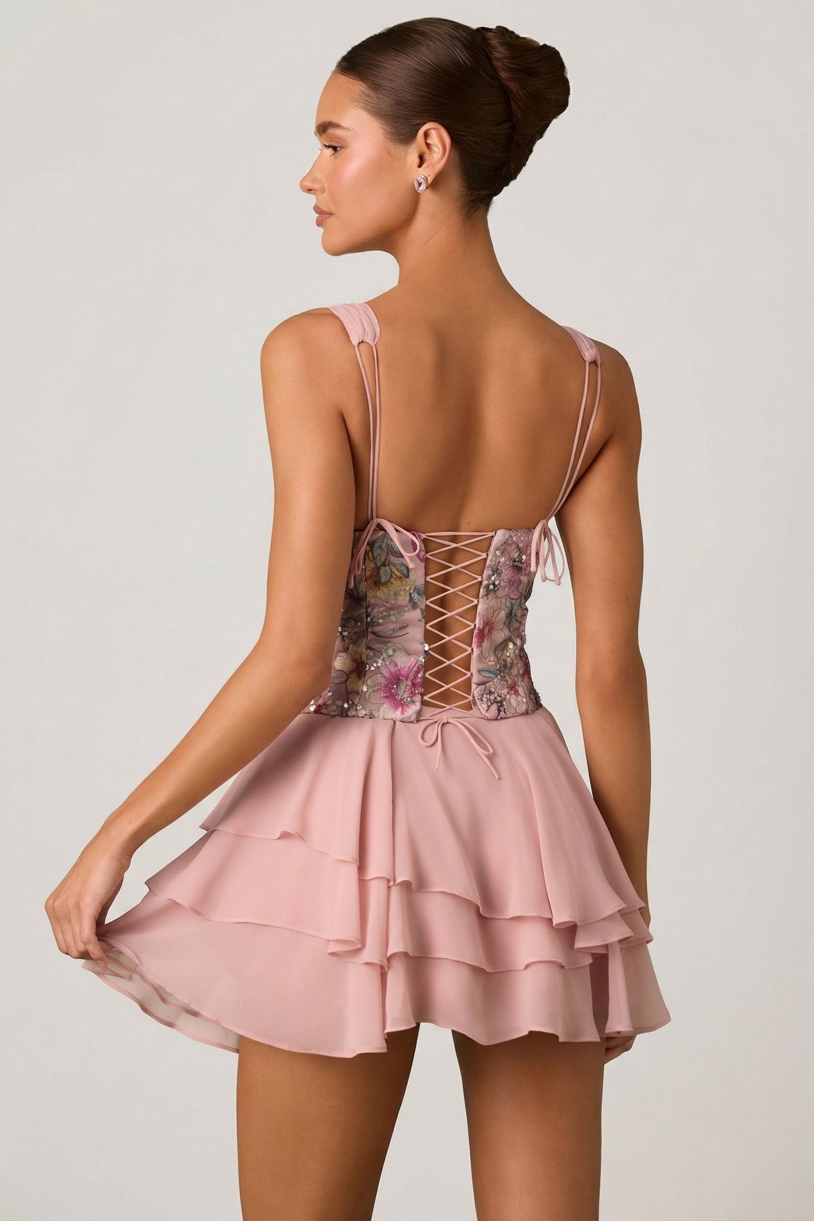 Embellished Ruffled Corset Mini Dress in Floral Pink - 2