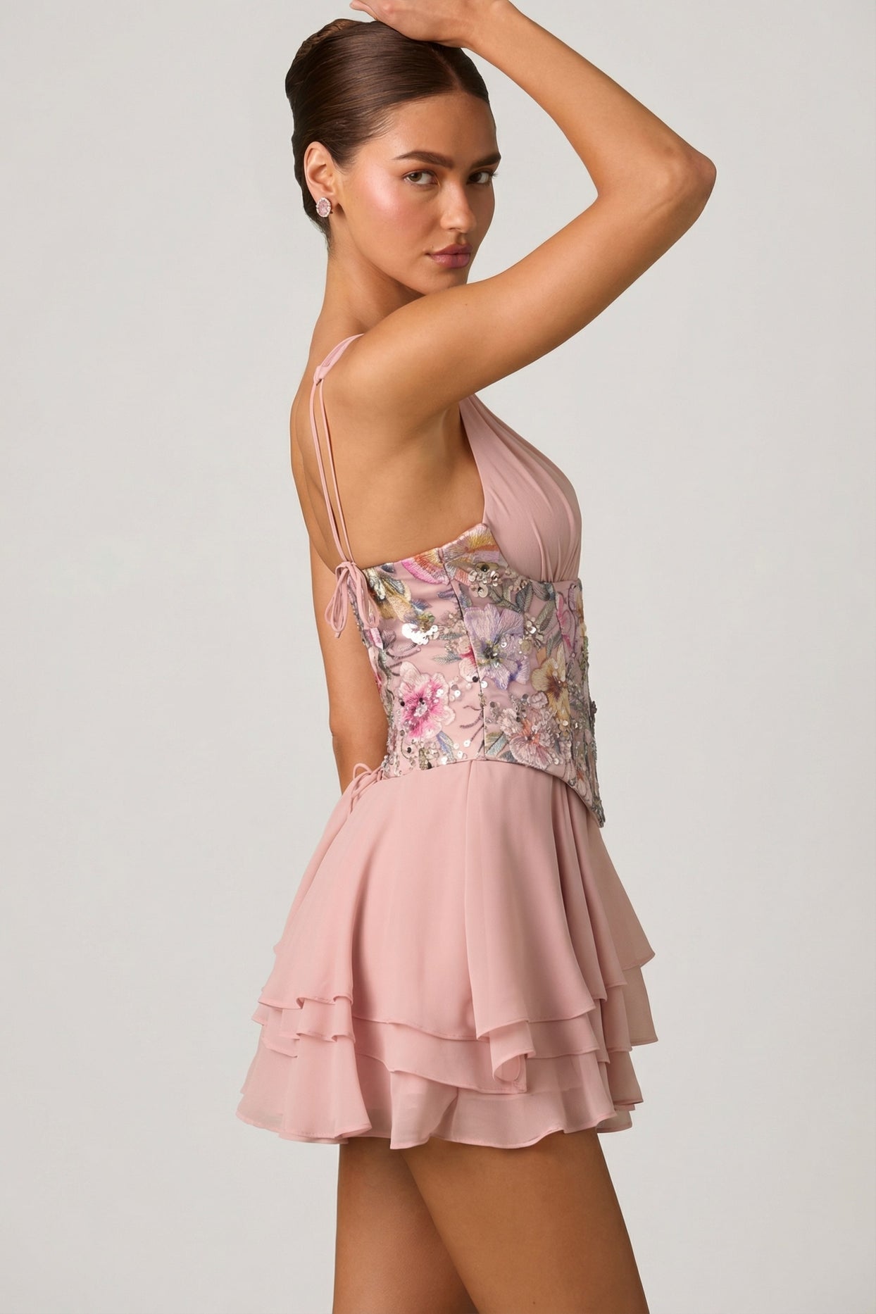 Embellished Ruffled Corset Mini Dress in Floral Pink - 4