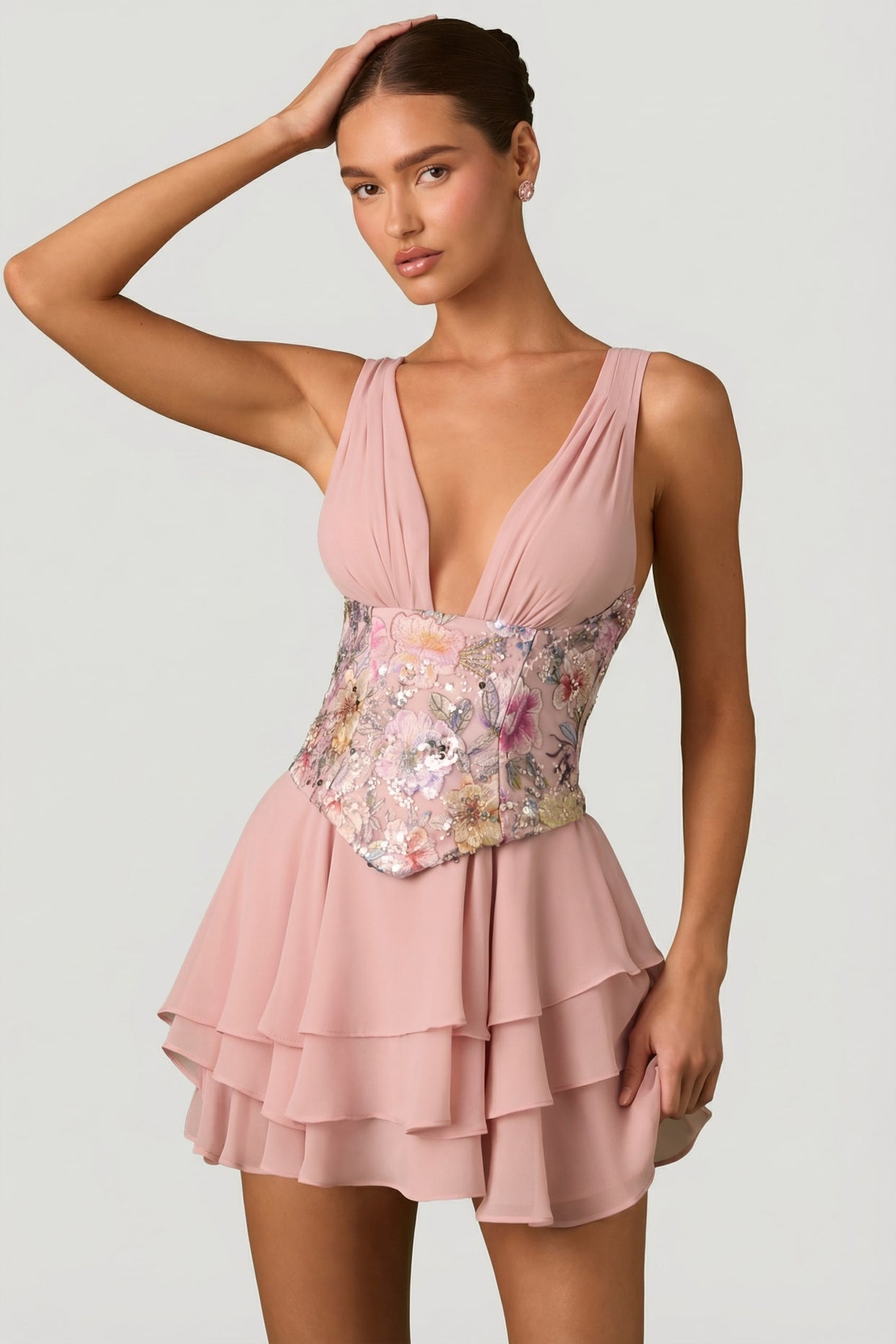 Embellished Ruffled Corset Mini Dress in Floral Pink - 6