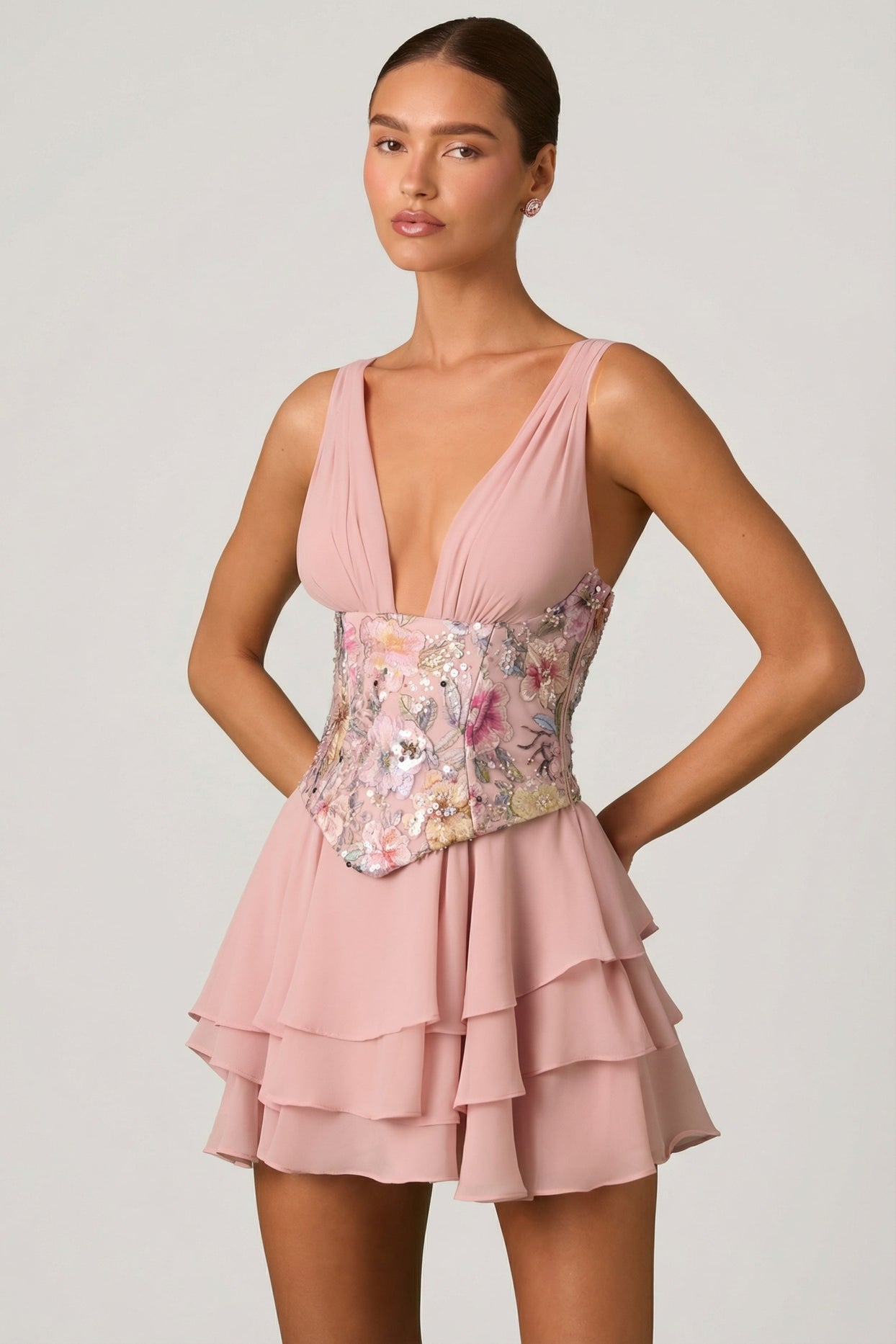 Embellished Ruffled Corset Mini Dress in Floral Pink - 7