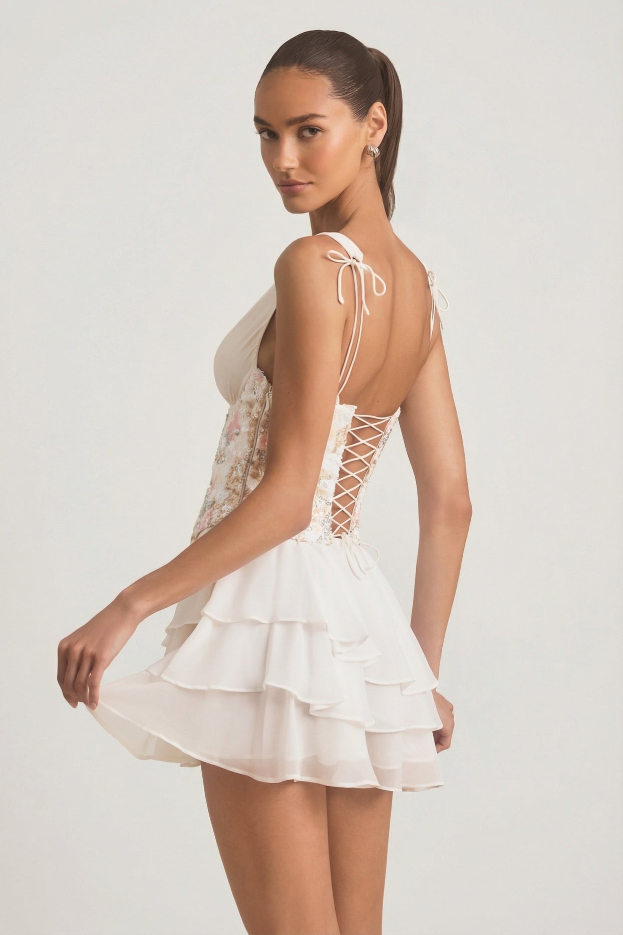 Embellished Ruffled Corset Mini Dress in Ivory - 2