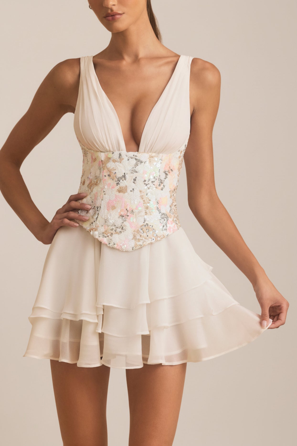 Embellished Ruffled Corset Mini Dress in Ivory - 4