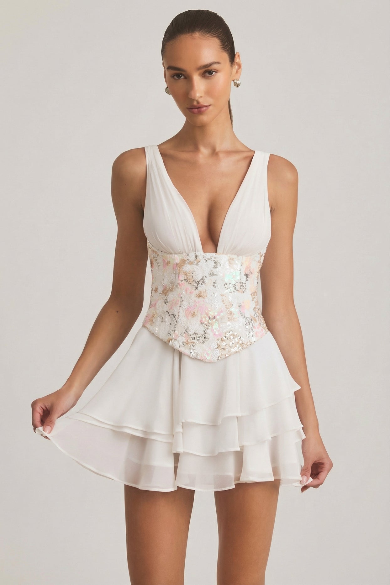 Embellished Ruffled Corset Mini Dress in Ivory - 1