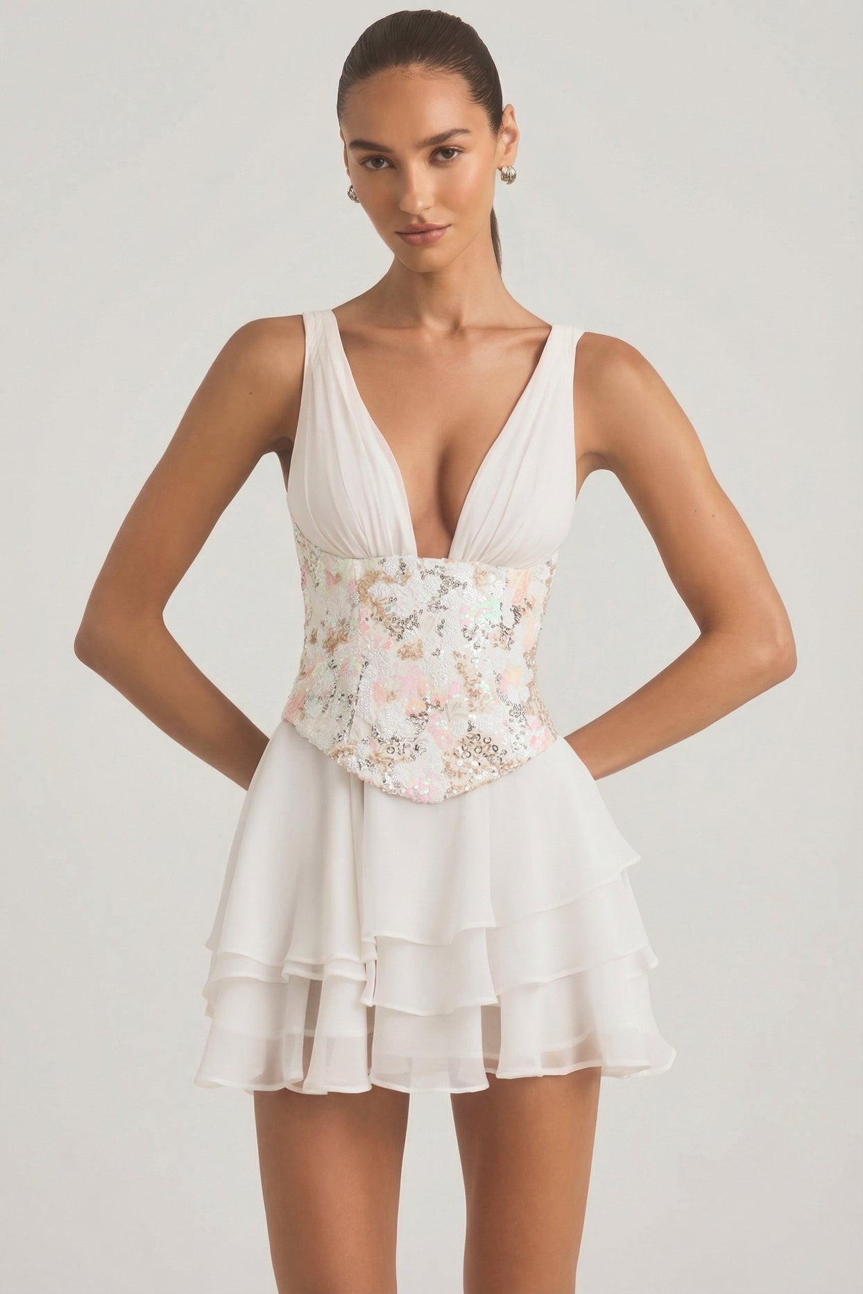 Embellished Ruffled Corset Mini Dress in Ivory - 8