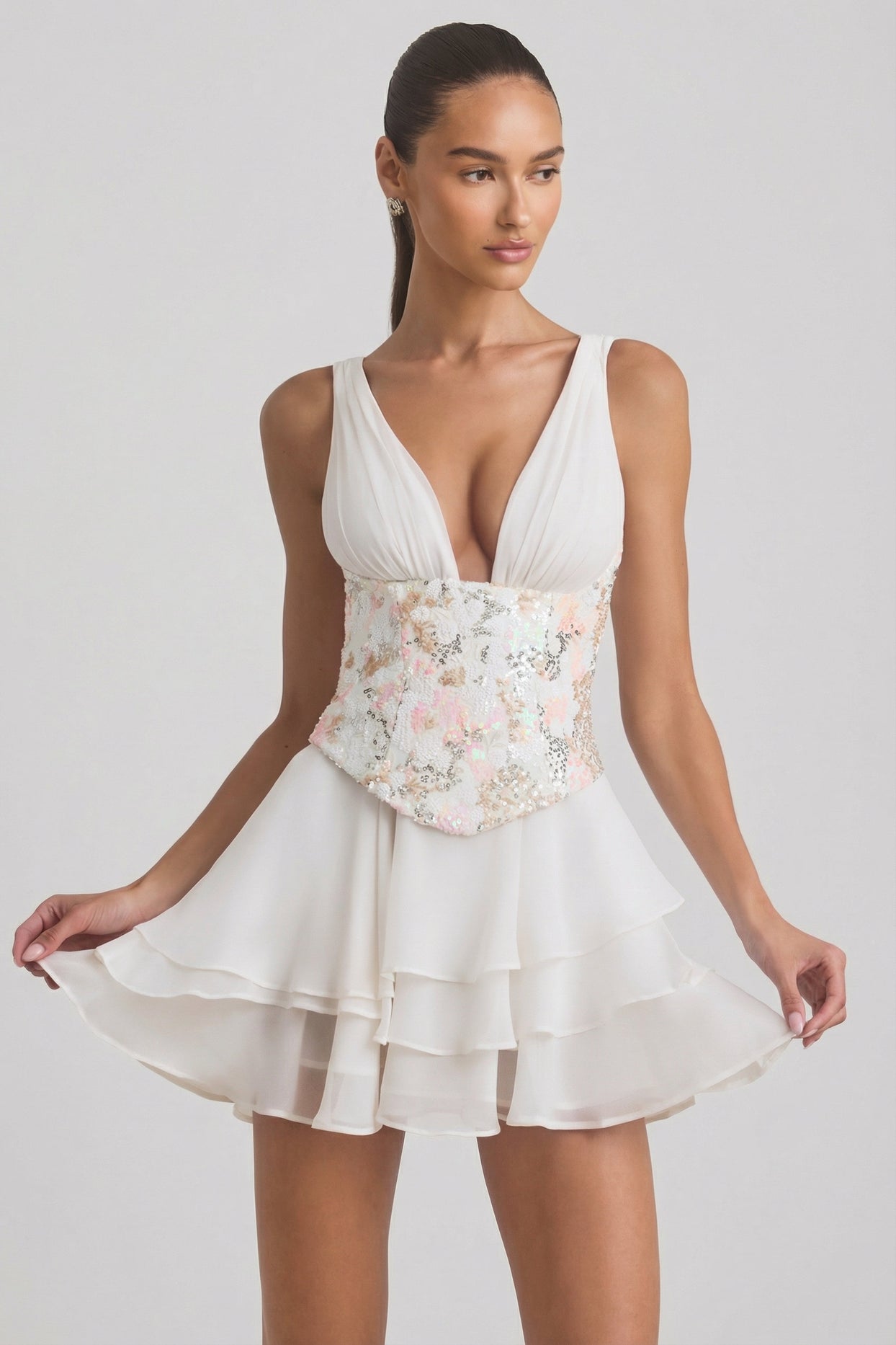 Embellished Ruffled Corset Mini Dress in Ivory - 7