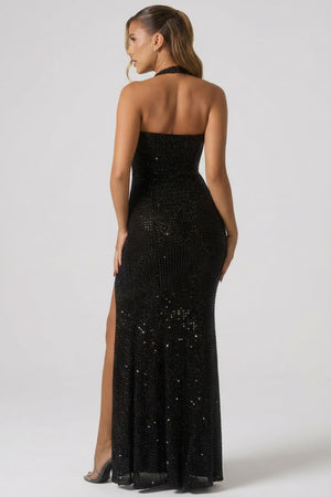 Embellished Halterneck Gown in Black