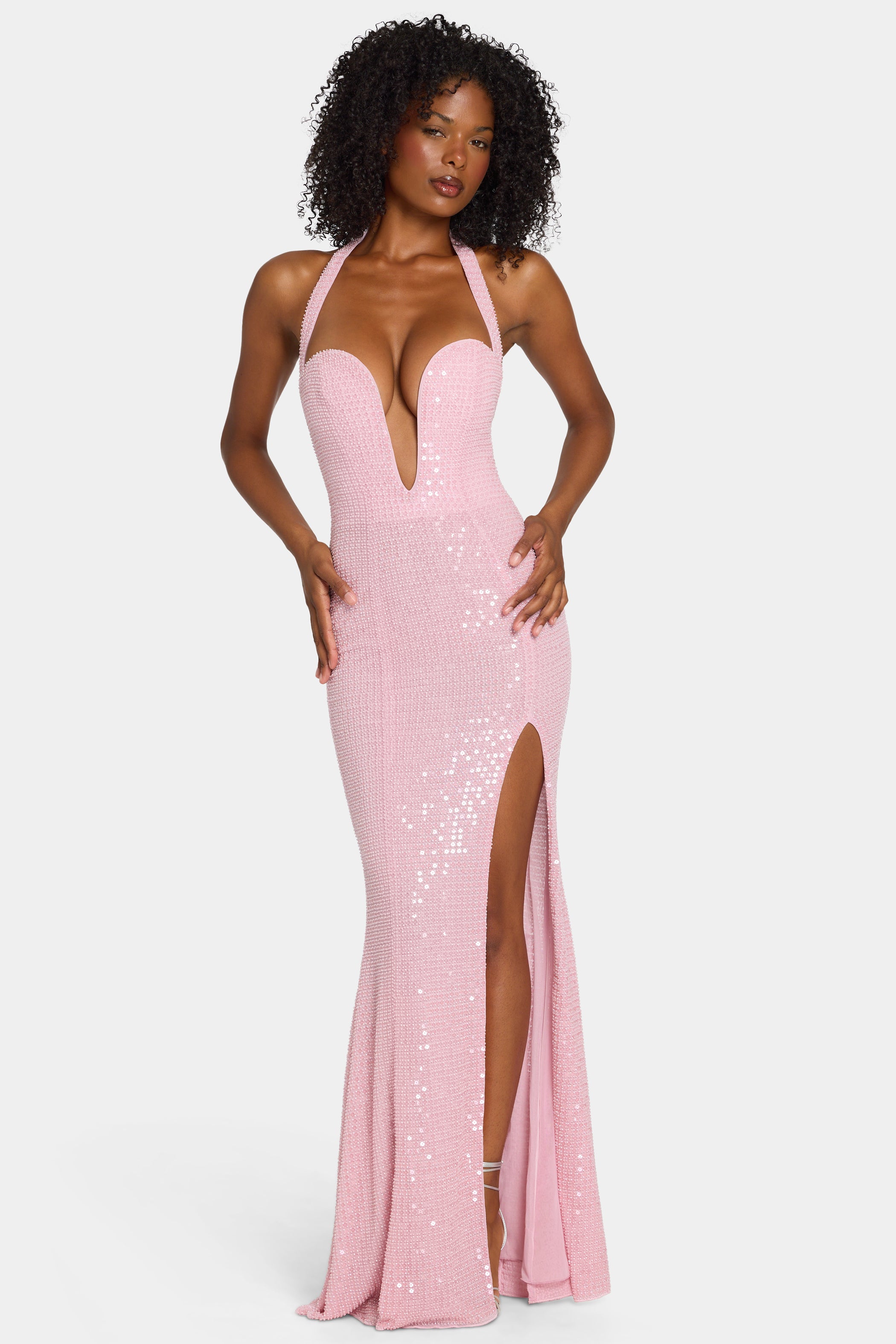 Embellished Halterneck Gown in Lavender Pink