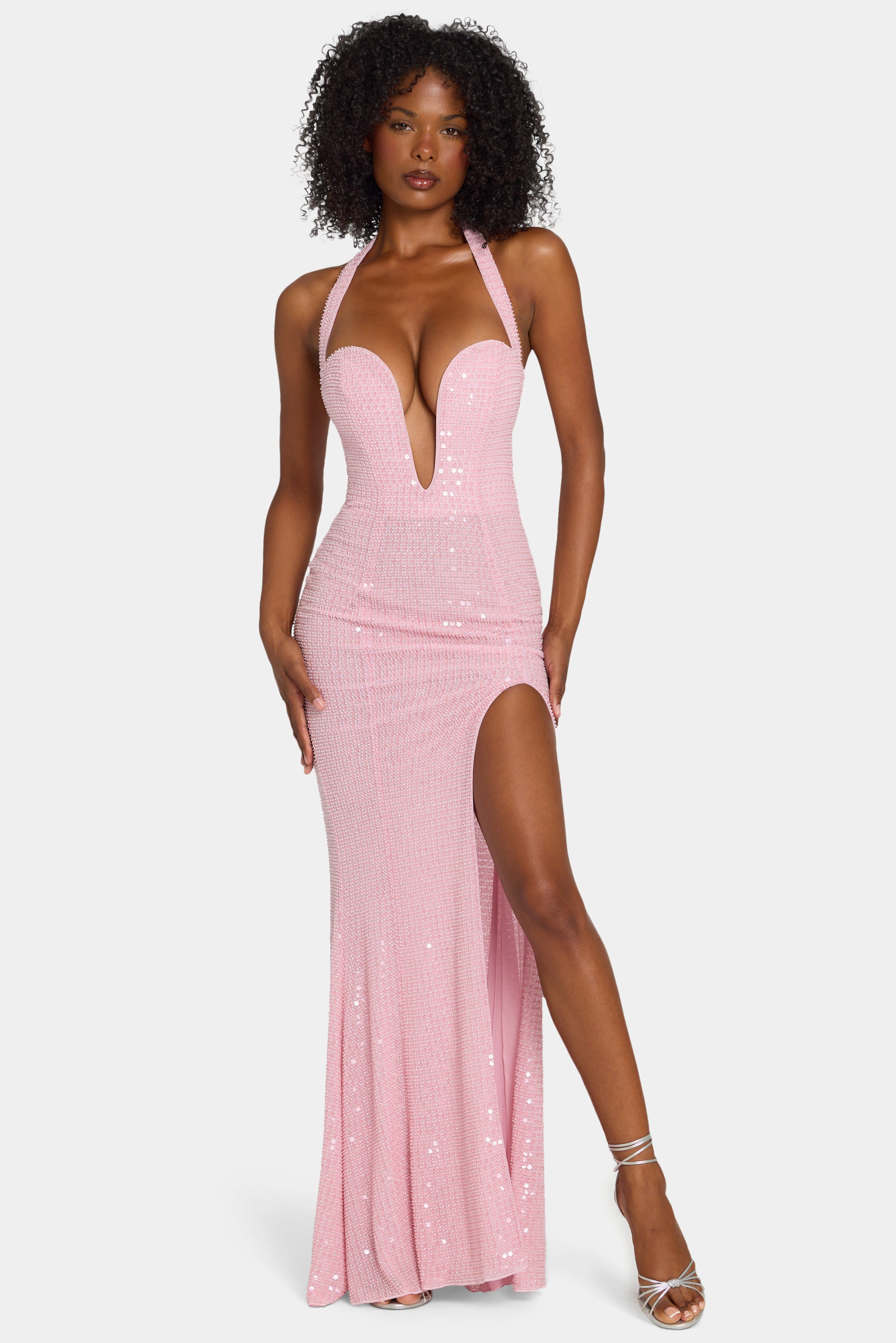 Embellished Halterneck Gown in Lavender Pink