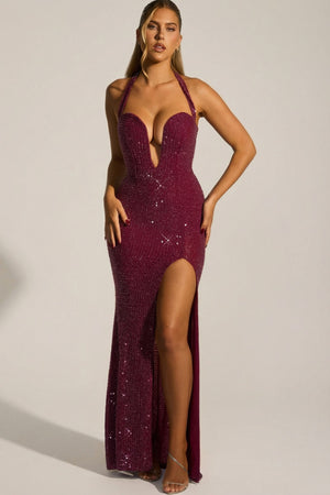 Embellished Halterneck Gown in Plum