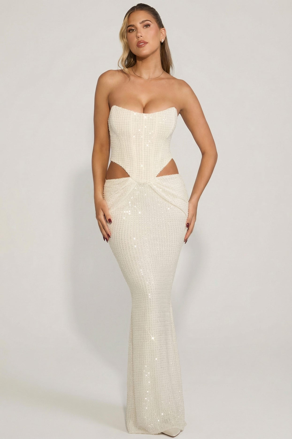 Embellished Cut-Out Draped Corset Gown in White - 5