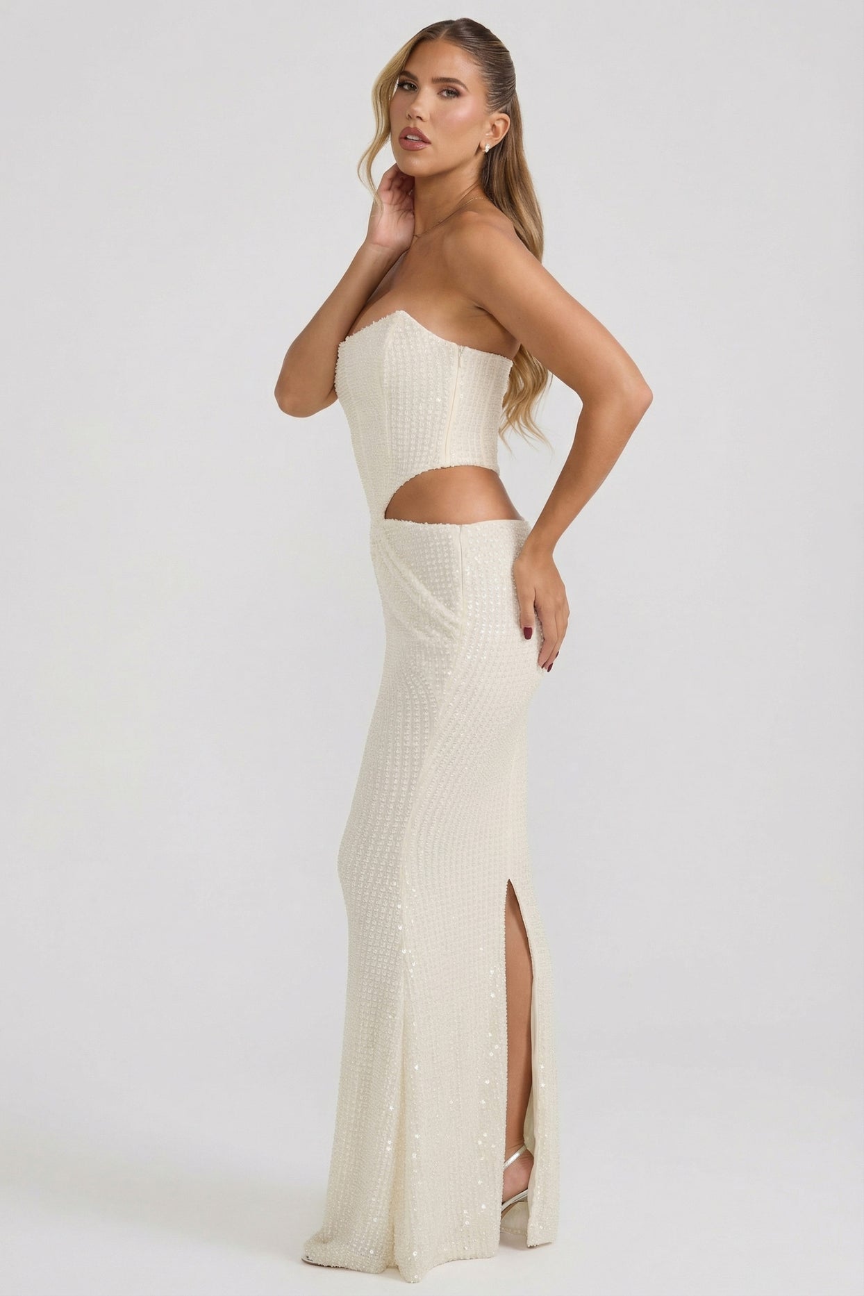 Embellished Cut-Out Draped Corset Gown in White - 7