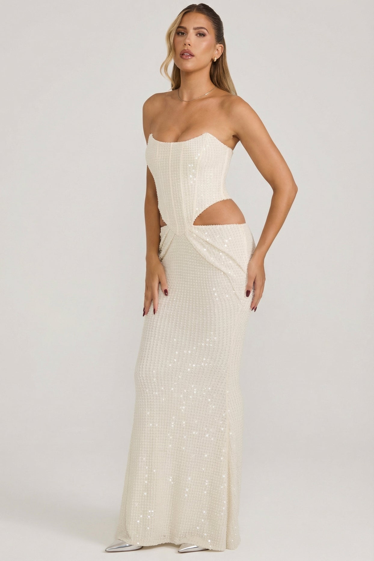 Embellished Cut-Out Draped Corset Gown in White - 8