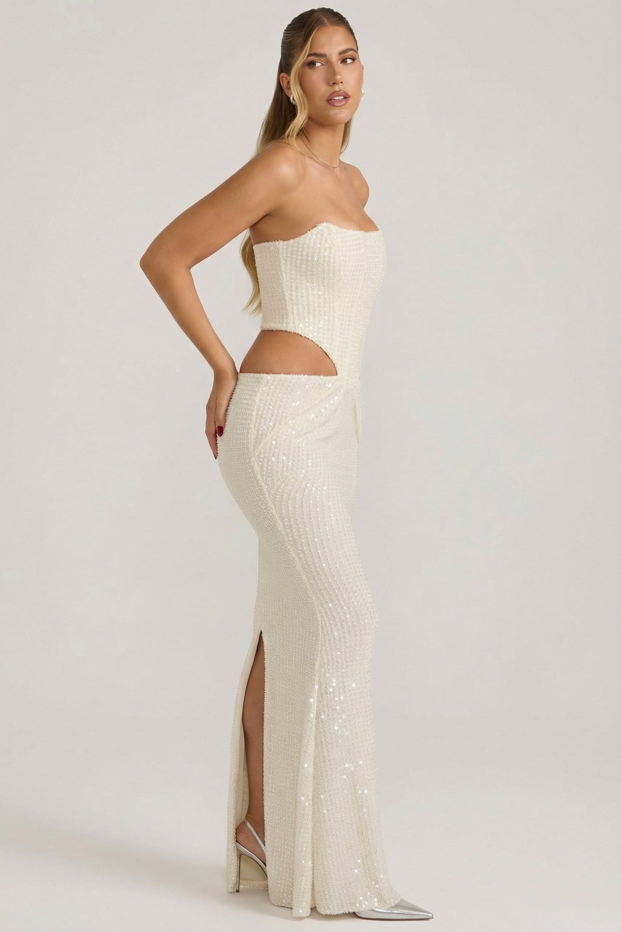 Embellished Cut-Out Draped Corset Gown in White - 4