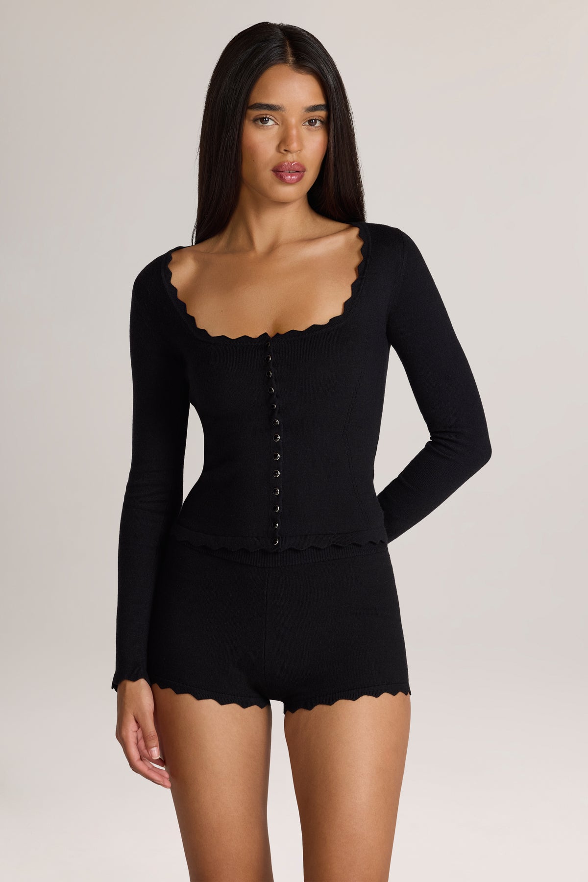 Knit Long-Sleeve Cardigan in Black - 1