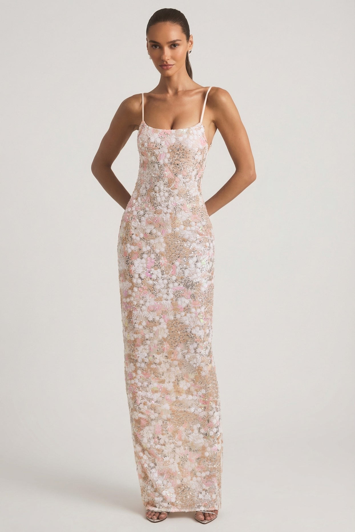Embellished Scoop-Neck Backless Maxi Dress in Ivory - 1