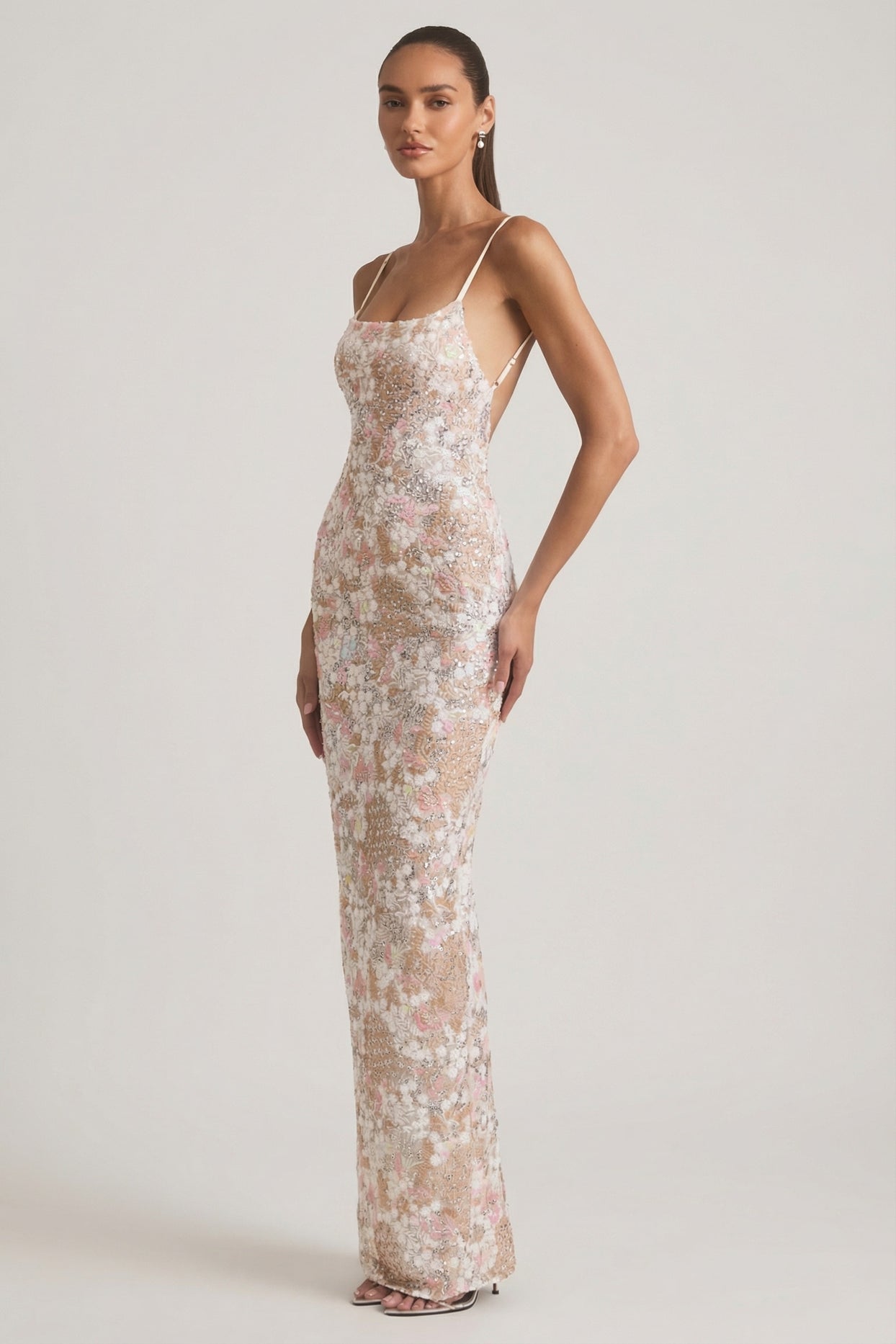 Embellished Scoop-Neck Backless Maxi Dress in Ivory - 8
