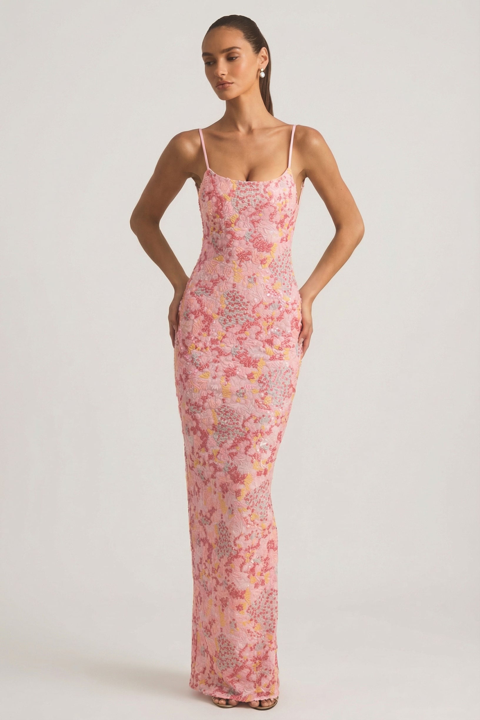 Embellished Scoop-Neck Backless Maxi Dress in Pink - 1