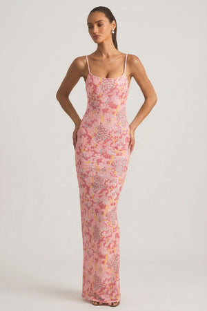 Embellished Scoop-Neck Backless Maxi Dress in Pink