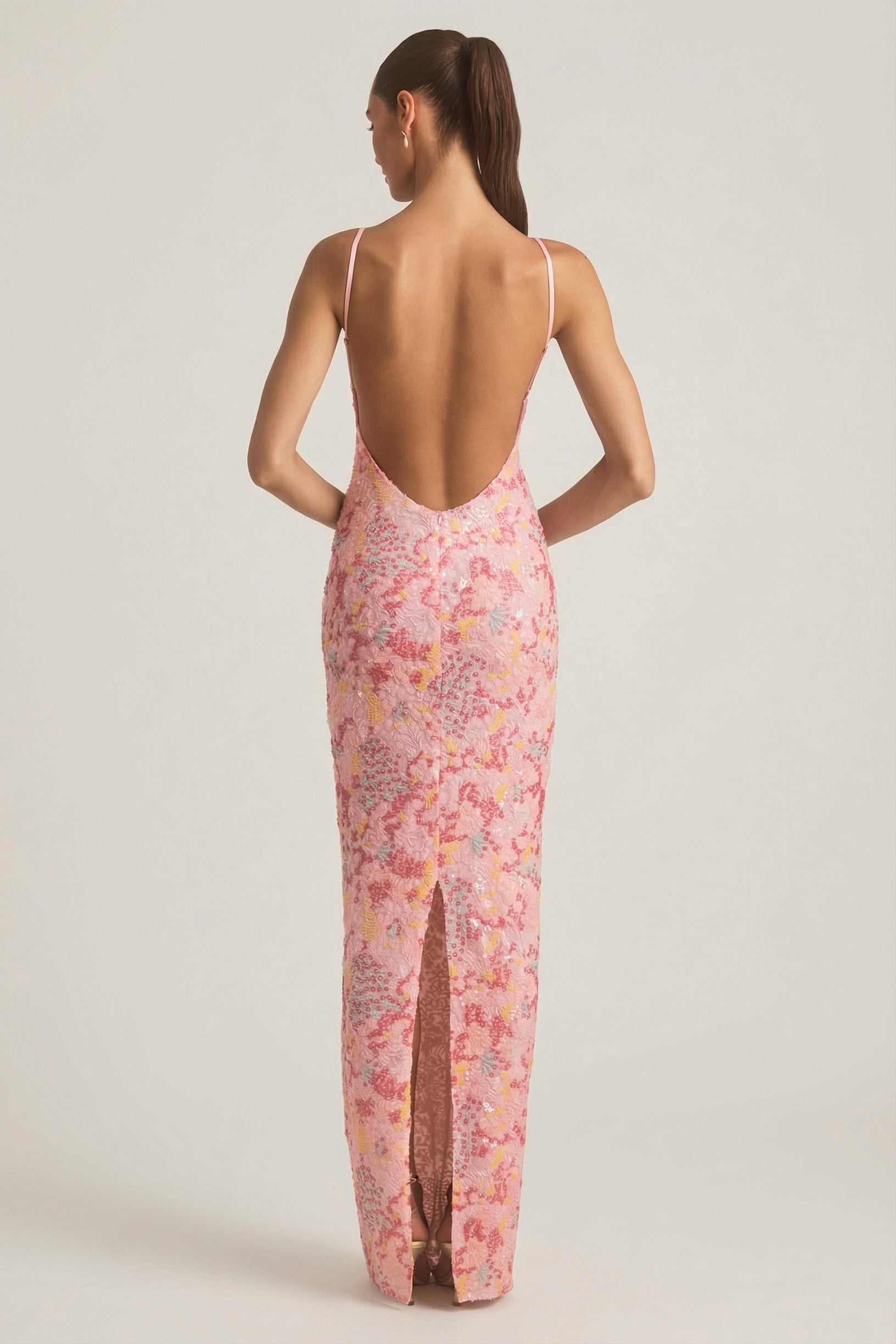 Embellished Scoop-Neck Backless Maxi Dress in Pink - 2