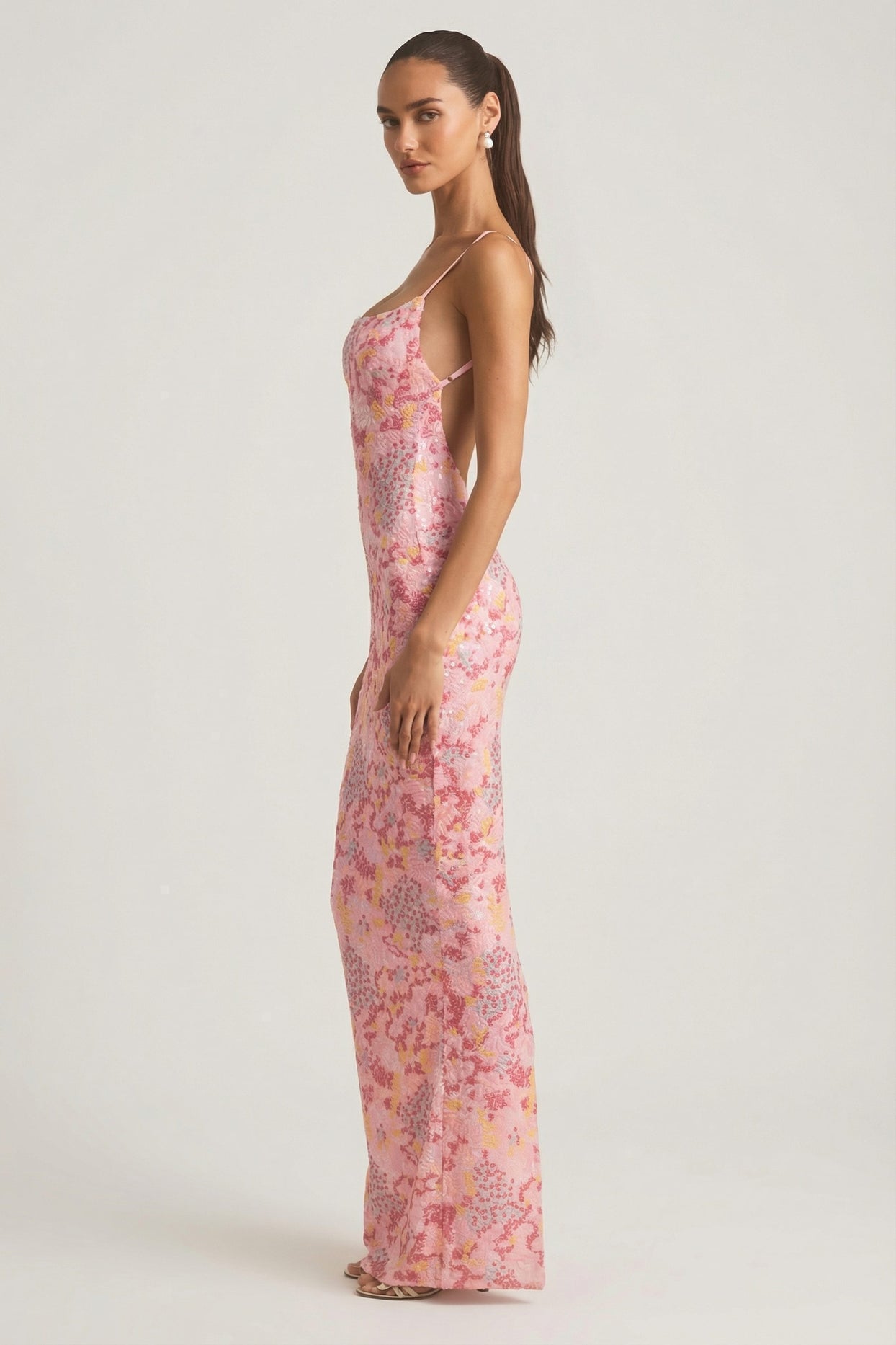 Embellished Scoop-Neck Backless Maxi Dress in Pink - 5