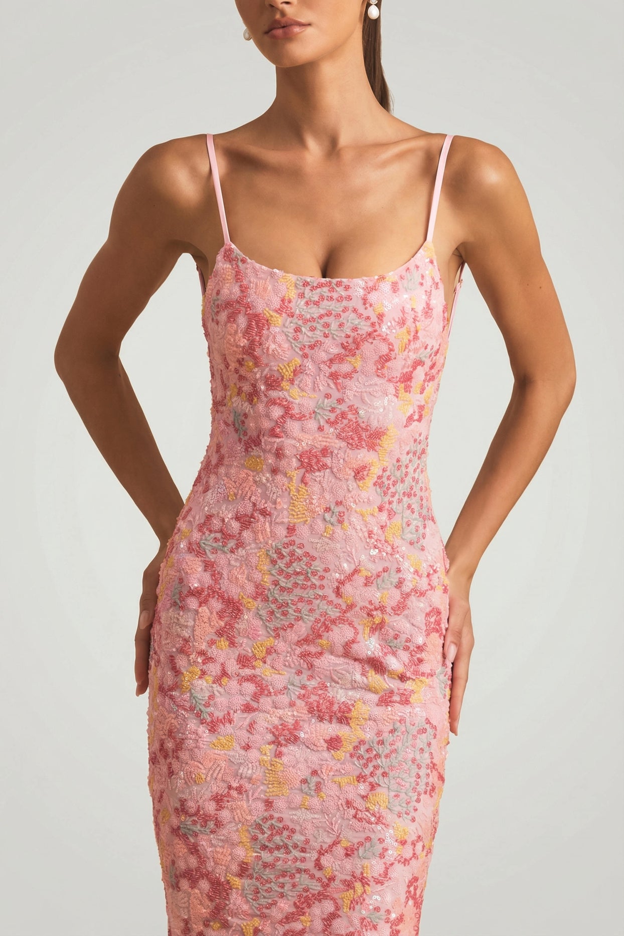 Embellished Scoop-Neck Backless Maxi Dress in Pink - 3
