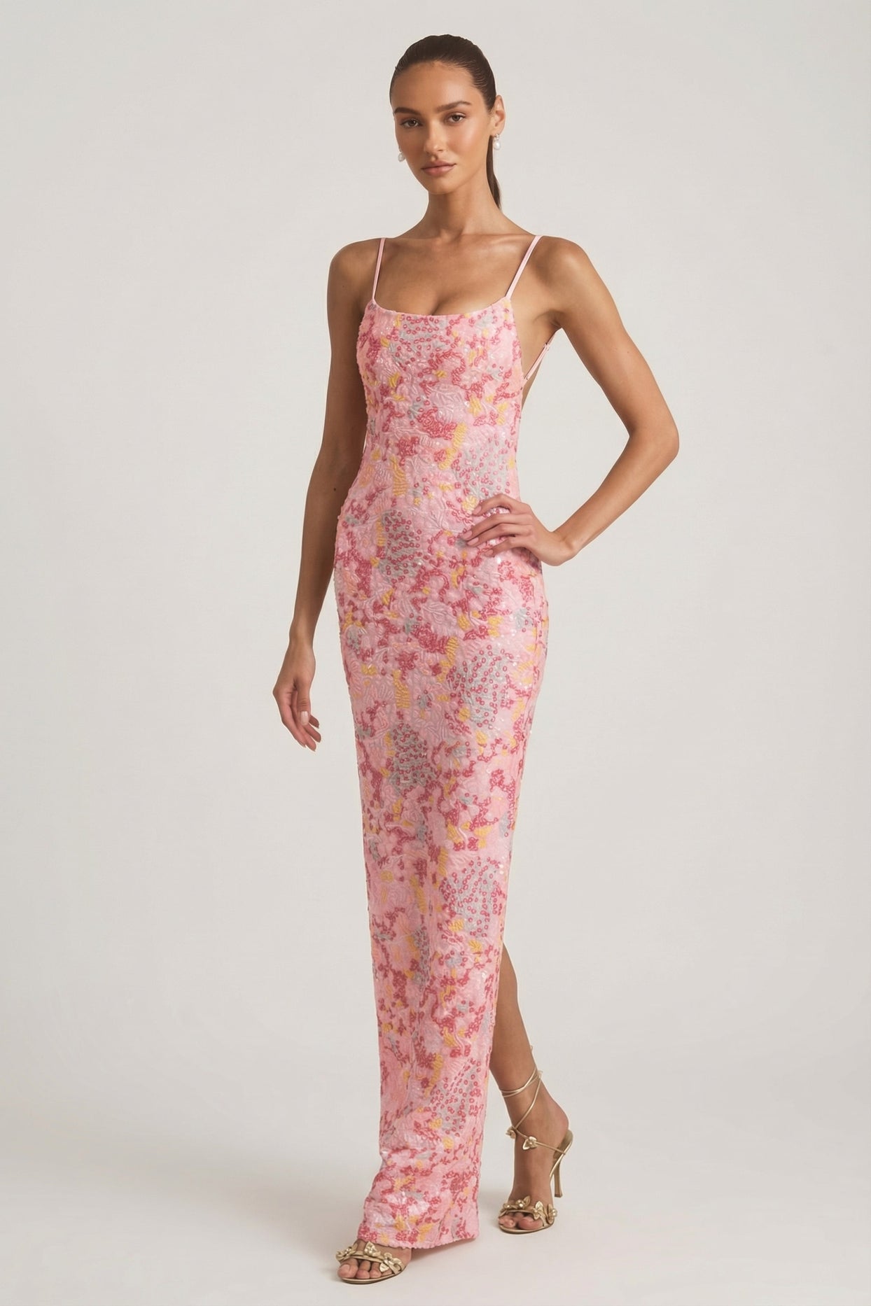 Embellished Scoop-Neck Backless Maxi Dress in Pink - 4