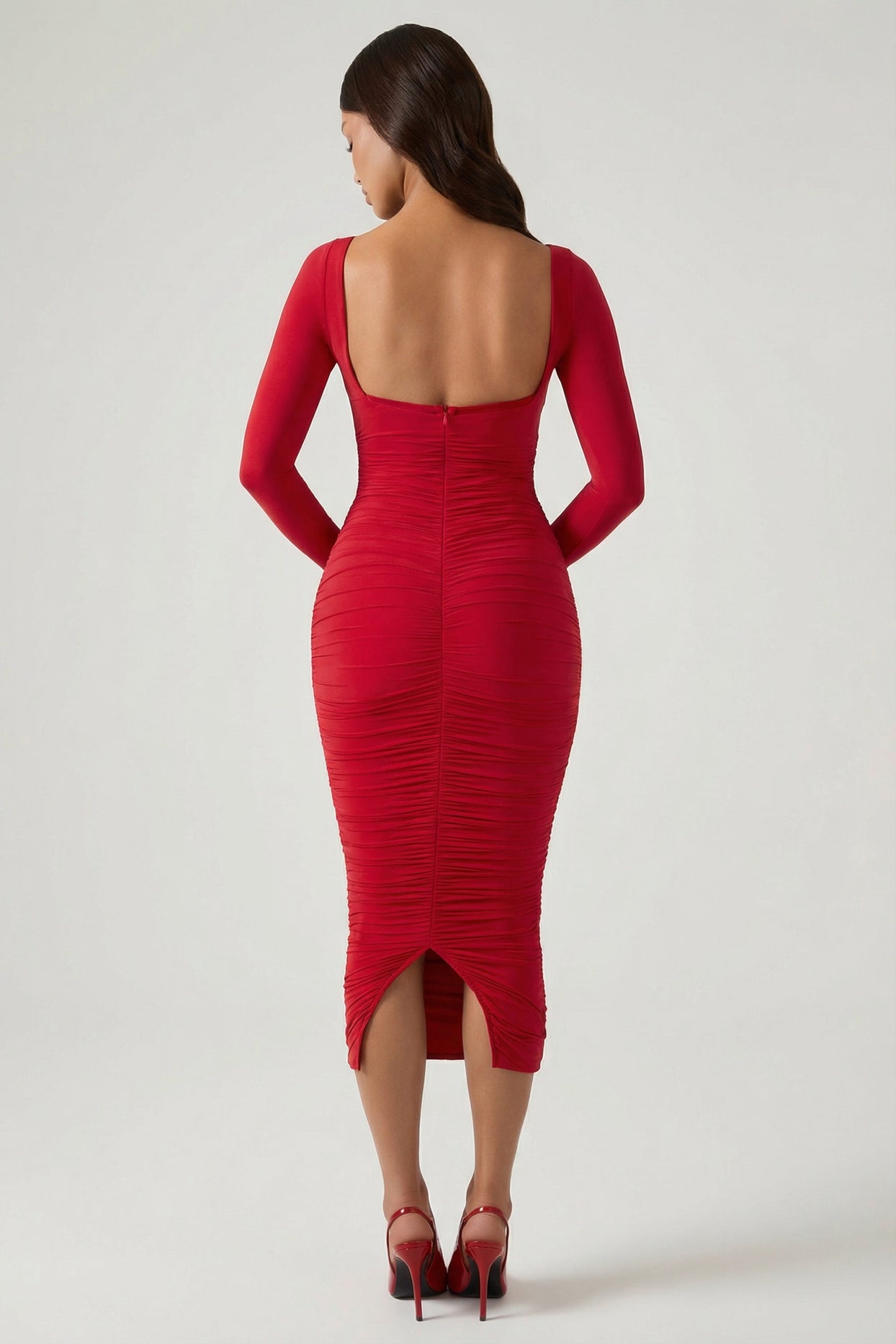 Layered Bra-Detail Ruched Midaxi Dress in Red - 2