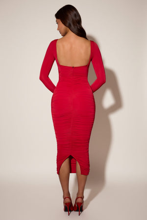 Layered Bra-Detail Ruched Midaxi Dress in Red