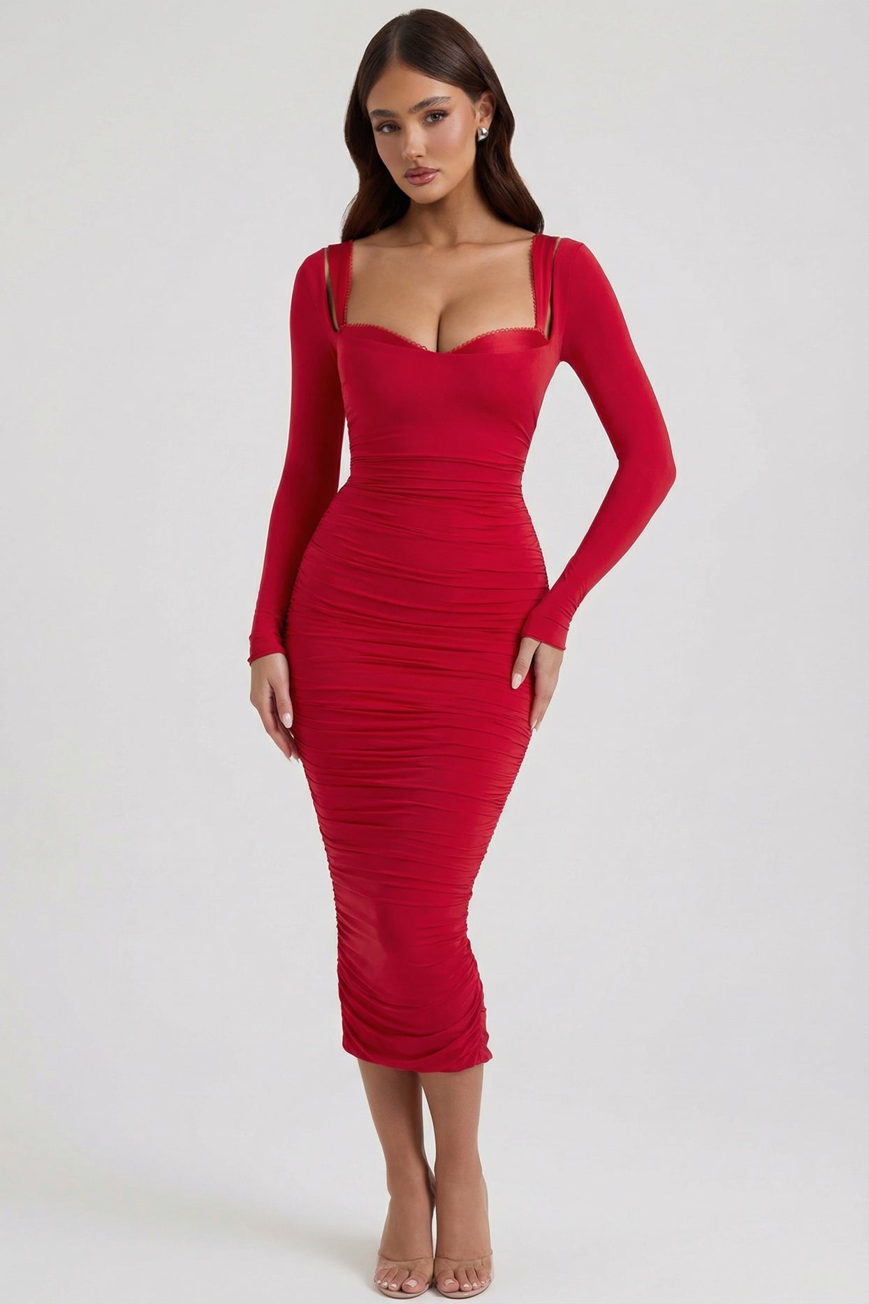Layered Bra-Detail Ruched Midaxi Dress in Red - 6