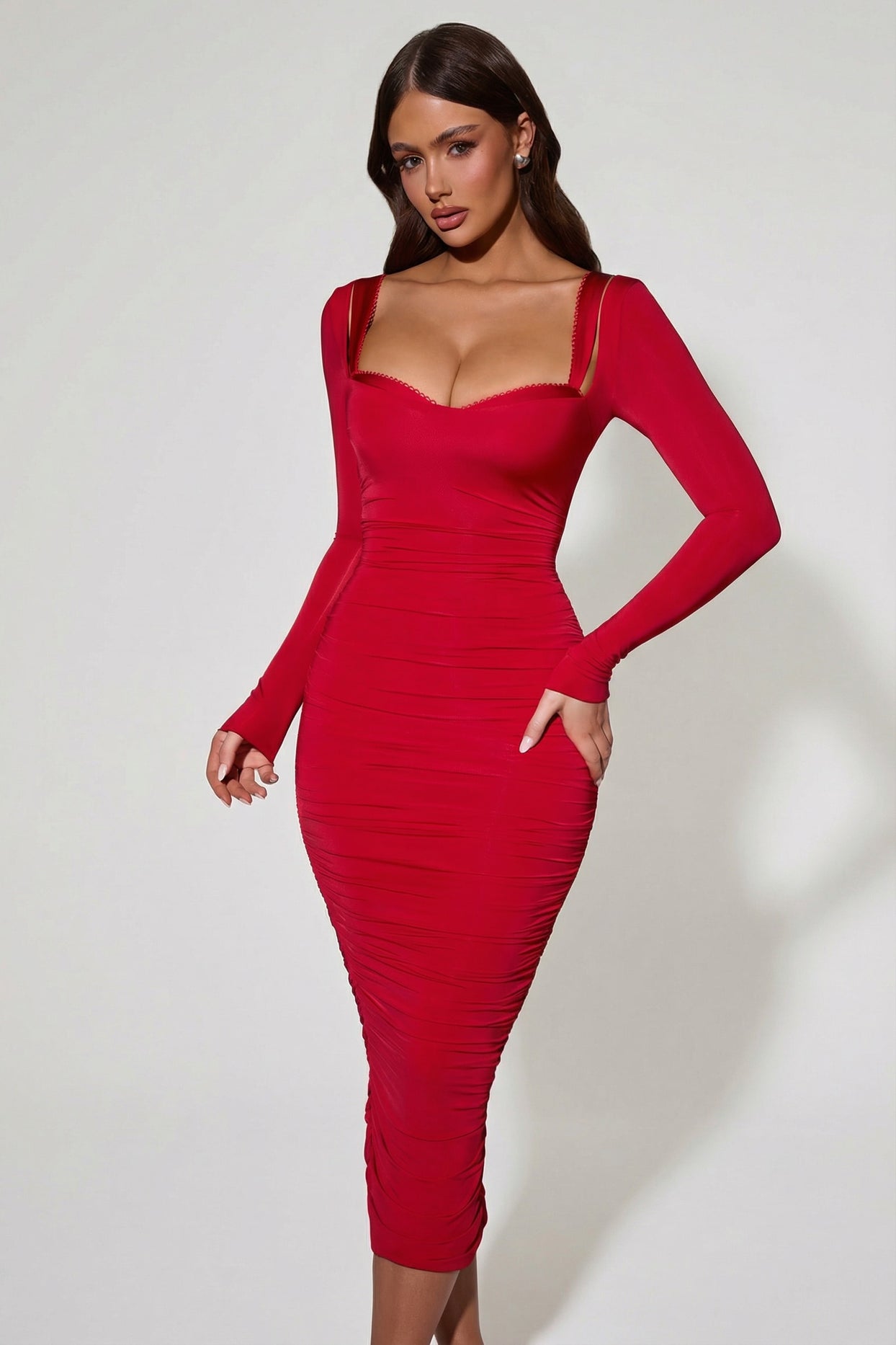 Layered Bra-Detail Ruched Midaxi Dress in Red - 7