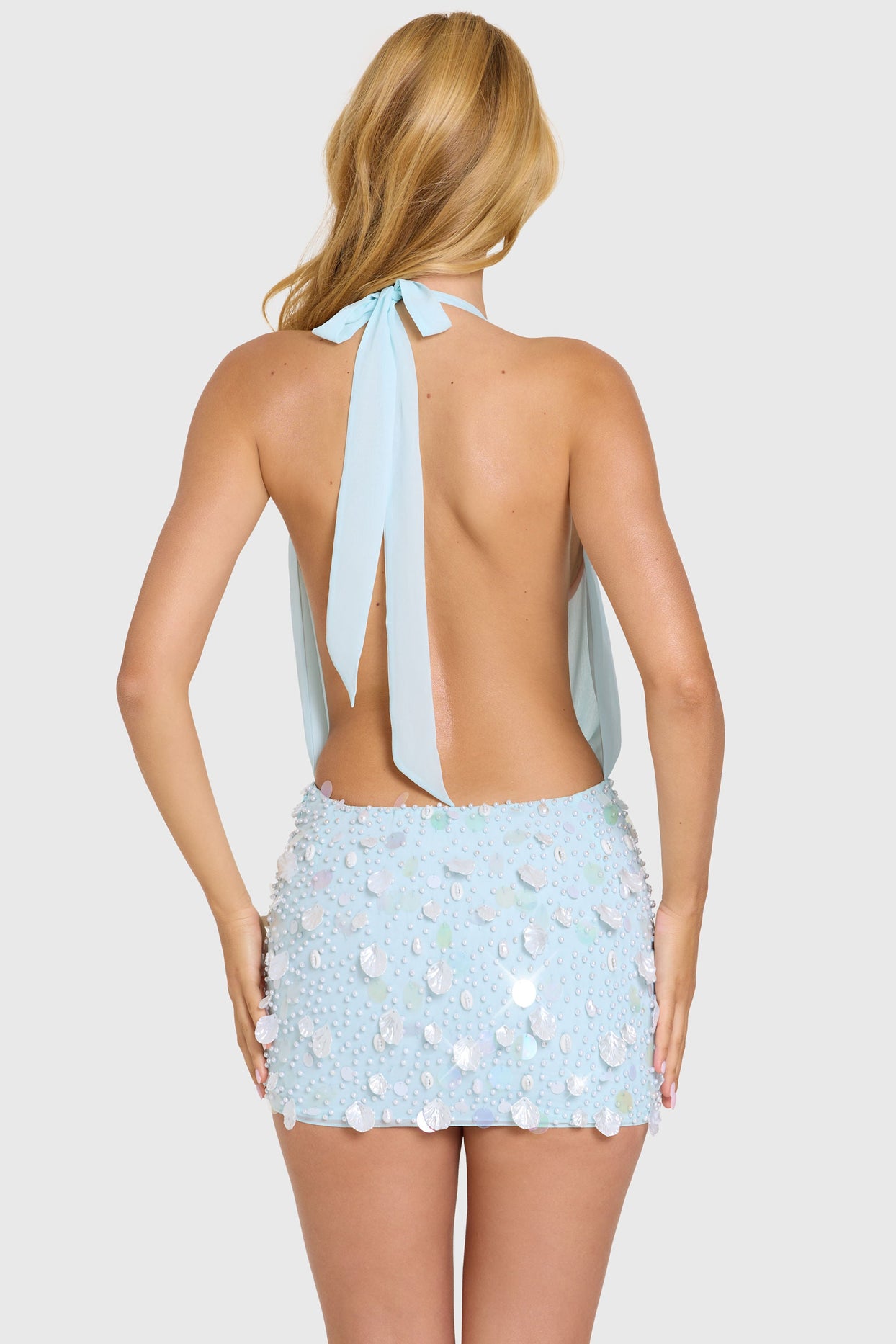Embellished Skirt Chiffon Mini Dress in Aqua - 6