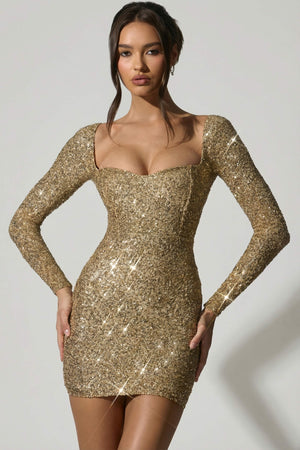 Embellished Sweetheart-Neck Mini Dress in Gold