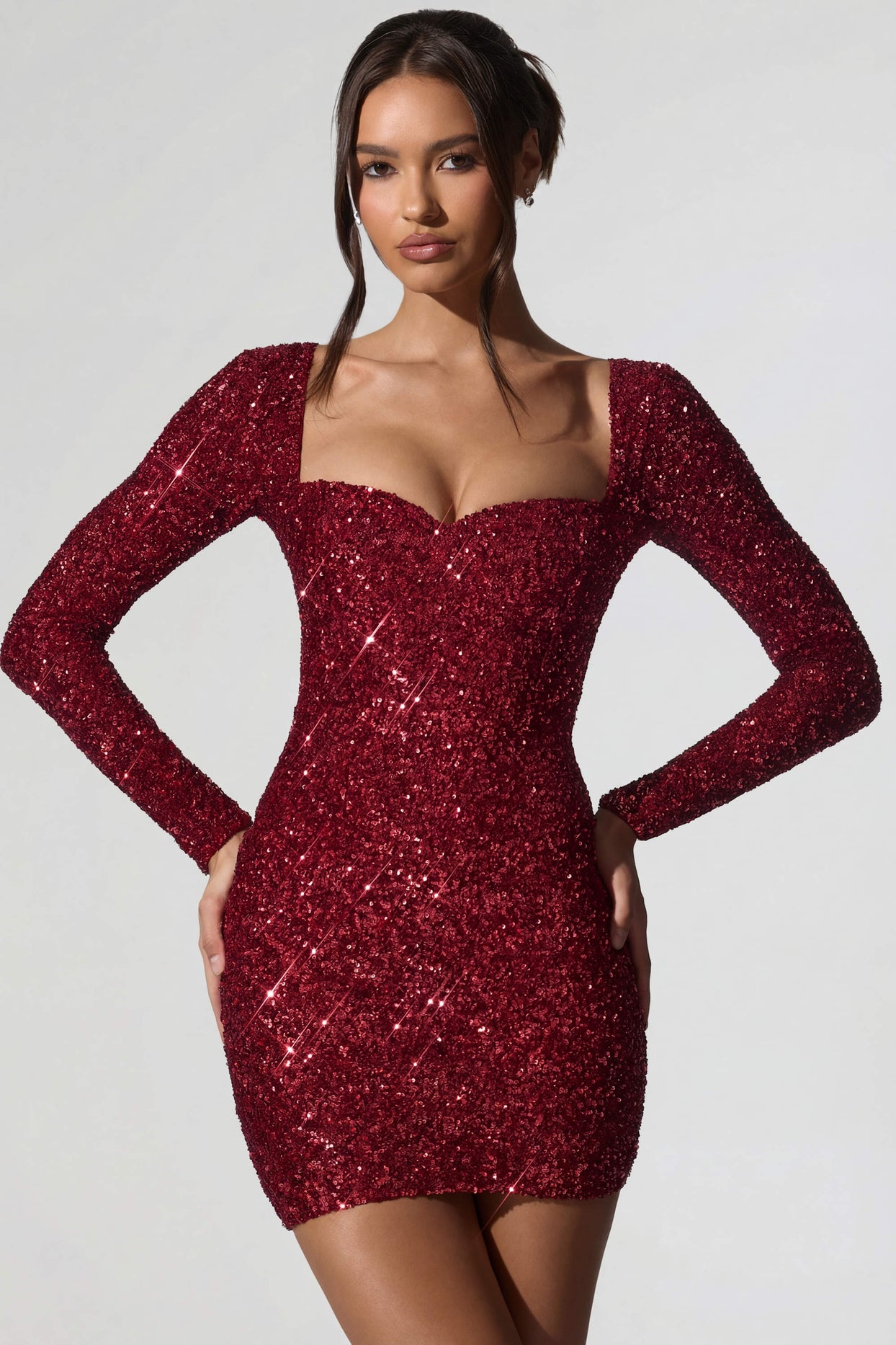 Embellished Sweetheart-Neck Mini Dress in Red - 6
