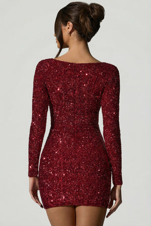 Embellished Sweetheart-Neck Mini Dress in Red