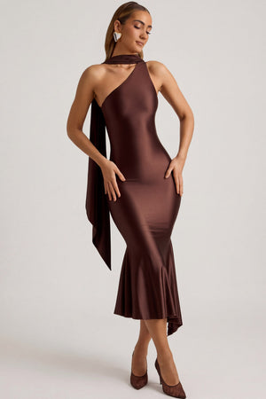 Shaya Asymmetric Scarf-Detail Midaxi Dress in Chocolate Brown Oh Polly AU Shaya Asymmetric Scarf-Detail Midaxi Dress in Chocolate Brown Oh Polly AU