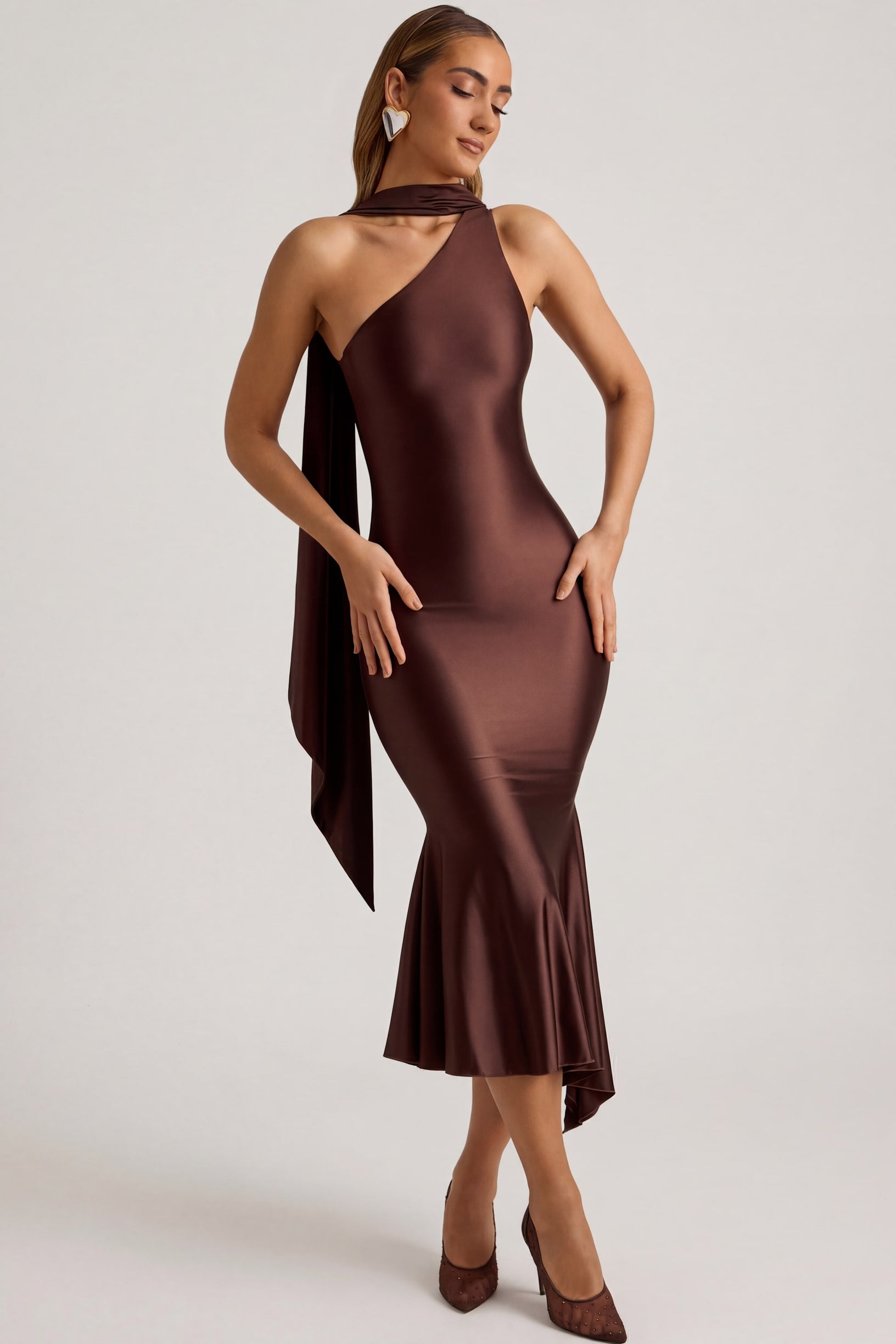 Asymmetric Scarf-Detail Midaxi Dress in Chocolate Brown - 1